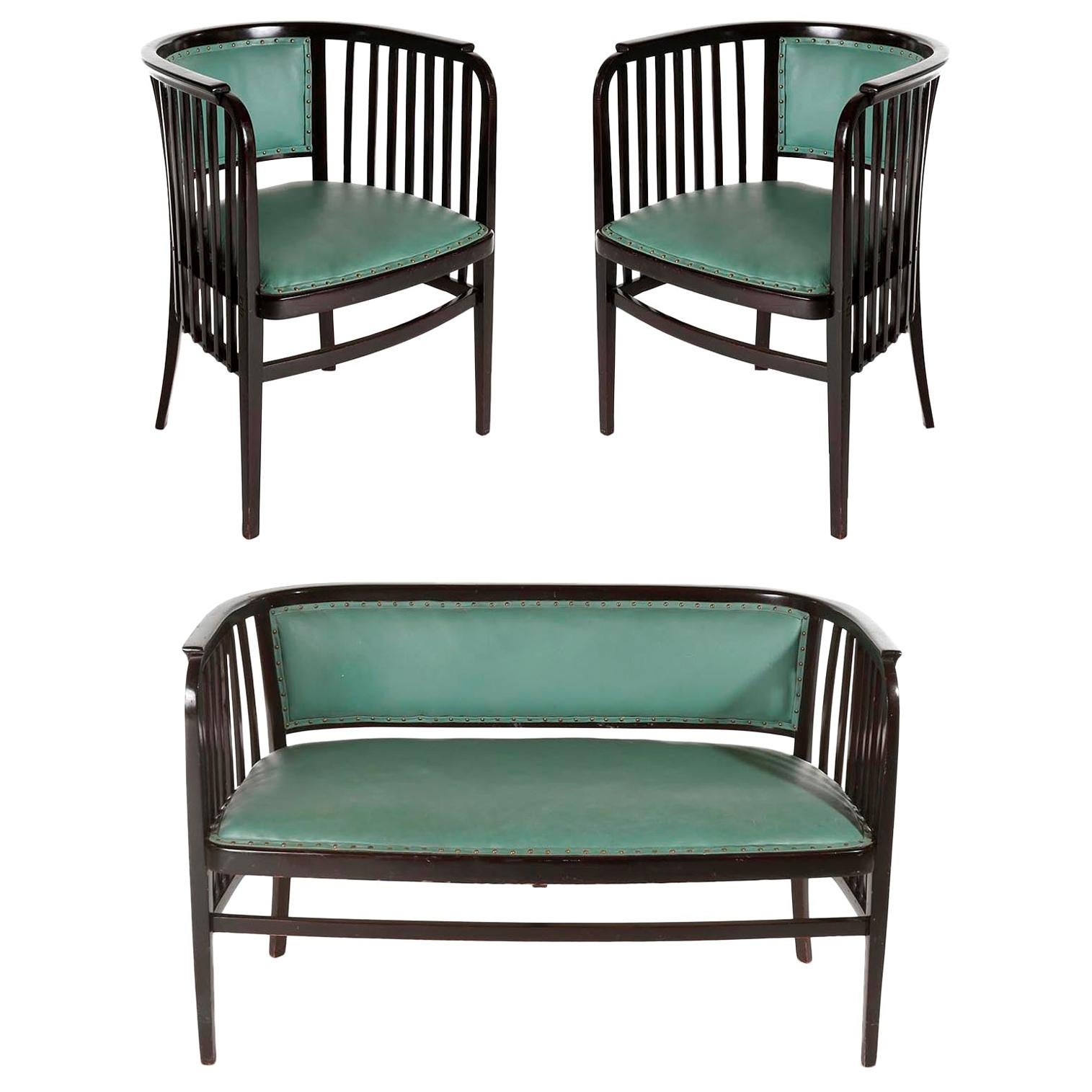 Marcel Kammerer Seating Set Salon Suite, Thonet, Turquoise Green Leather, 1910