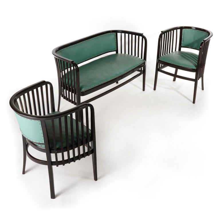 Marcel Kammerer Settee Bench Seat, Thonet Austria, Turquoise Green Leather, 1910 For Sale 3