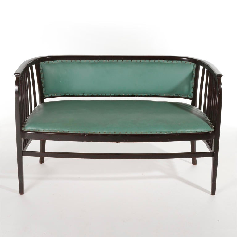 Vienna Secession Marcel Kammerer Settee Bench Seat, Thonet Austria, Turquoise Green Leather, 1910 For Sale