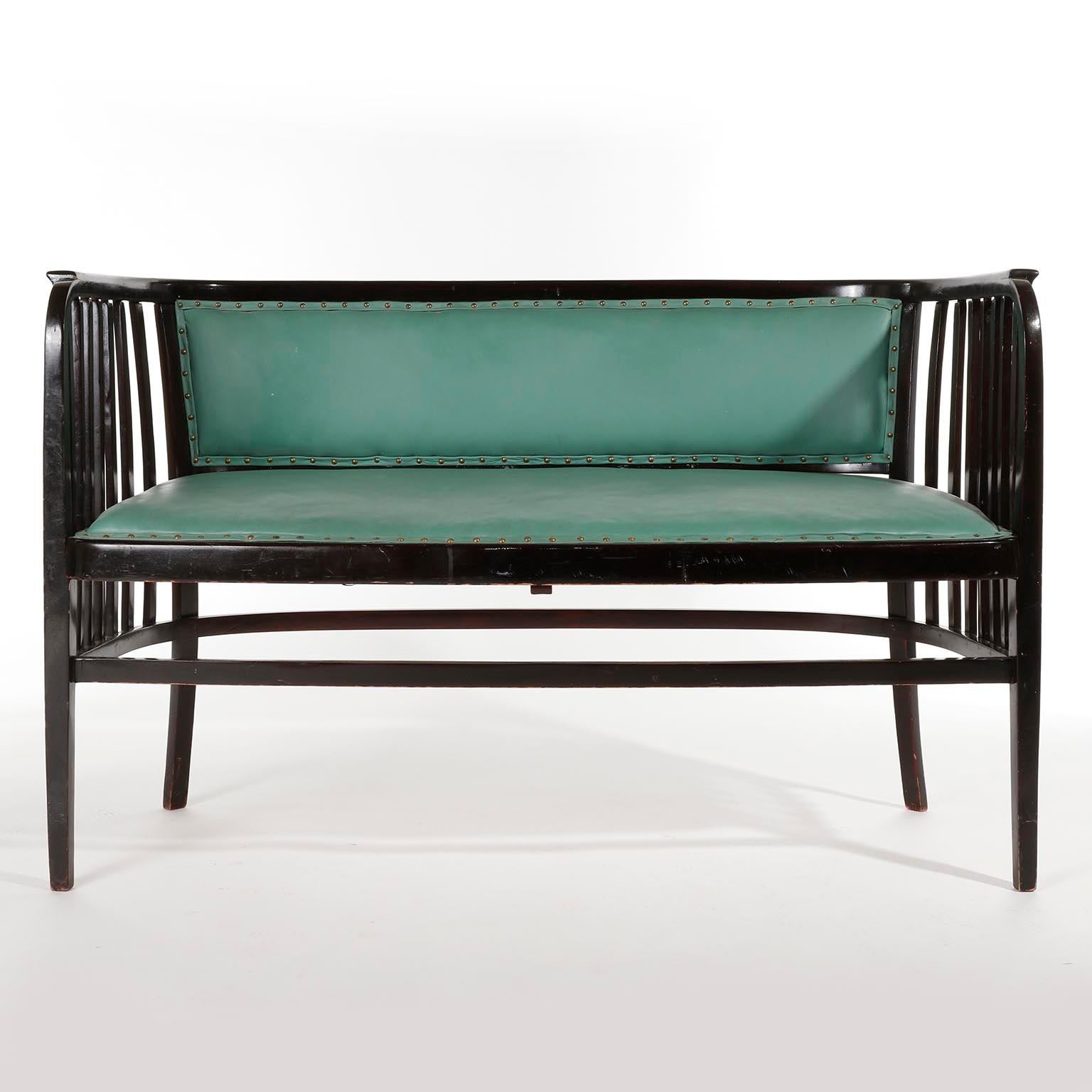 Vienna Secession Marcel Kammerer Settee Bench Seat, Thonet Austria, Turquoise Green Leather, 1910 For Sale