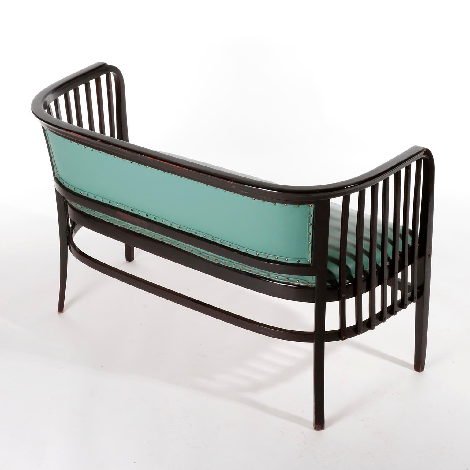 Austrian Marcel Kammerer Settee Bench Seat, Thonet Austria, Turquoise Green Leather, 1910 For Sale