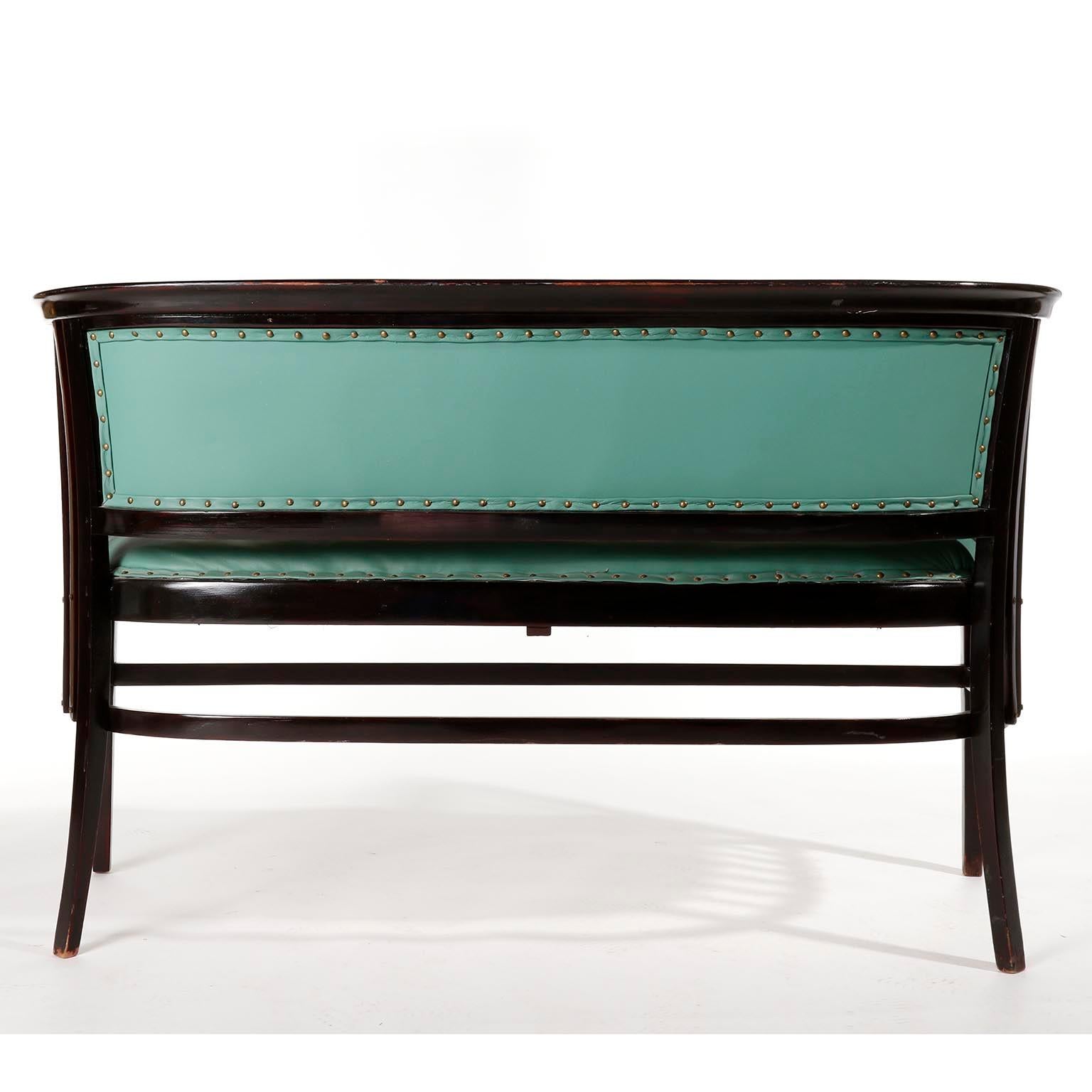 Stained Marcel Kammerer Settee Bench Seat, Thonet Austria, Turquoise Green Leather, 1910 For Sale