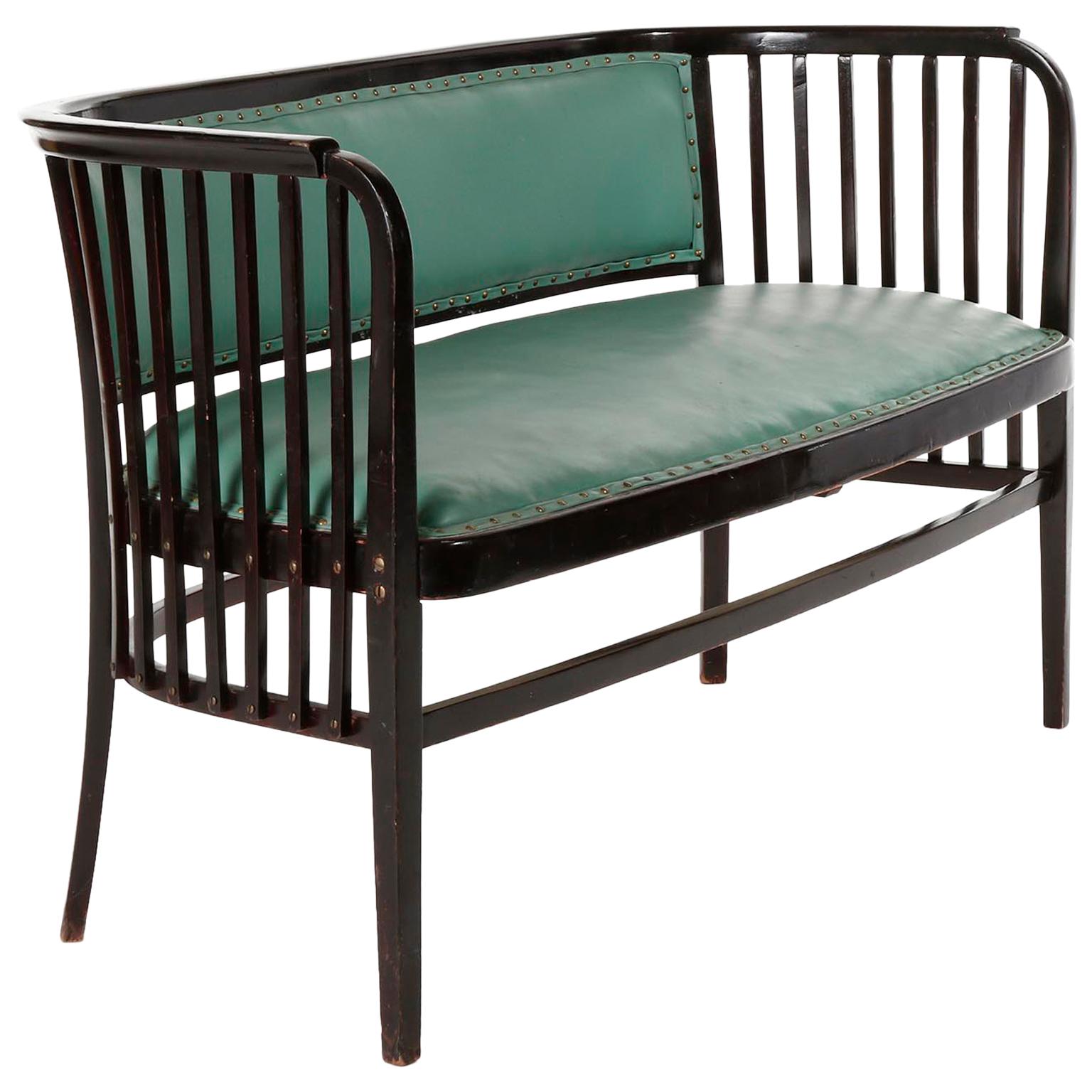Marcel Kammerer Settee Bench Seat, Thonet Austria, Turquoise Green Leather, 1910