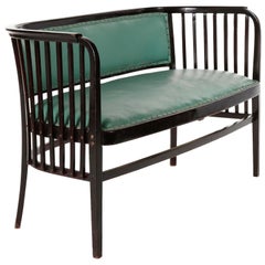 Antique Marcel Kammerer Settee Bench Seat, Thonet Austria, Turquoise Green Leather, 1910