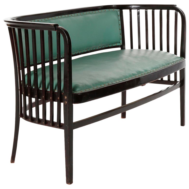 Marcel Kammerer Settee Bench Seat, Thonet Austria, Turquoise Green Leather, 1910 For Sale
