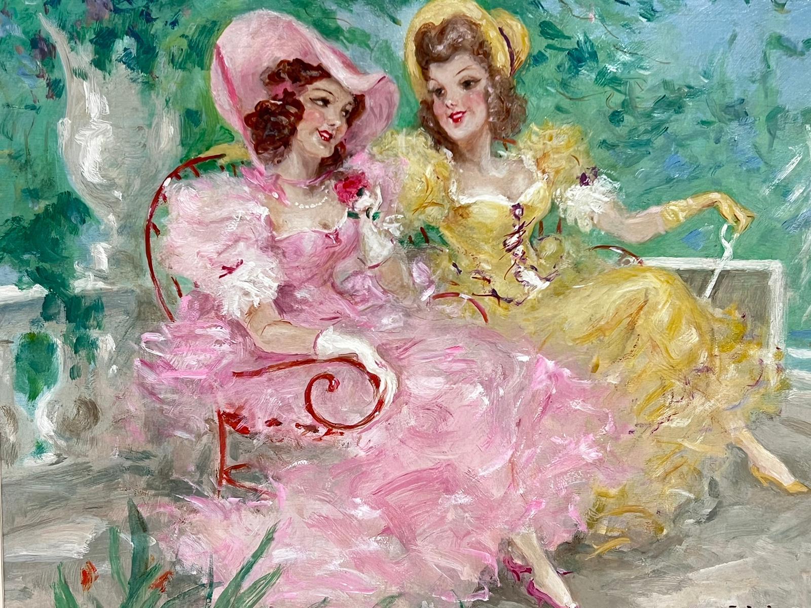 Eleganza delle signore francesi alla moda nel giardino del parco che chiacchierano Olio francese firmato - Painting di Marcel Le Foch