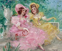 Eleganza delle signore francesi alla moda nel giardino del parco che chiacchierano Olio francese firmato