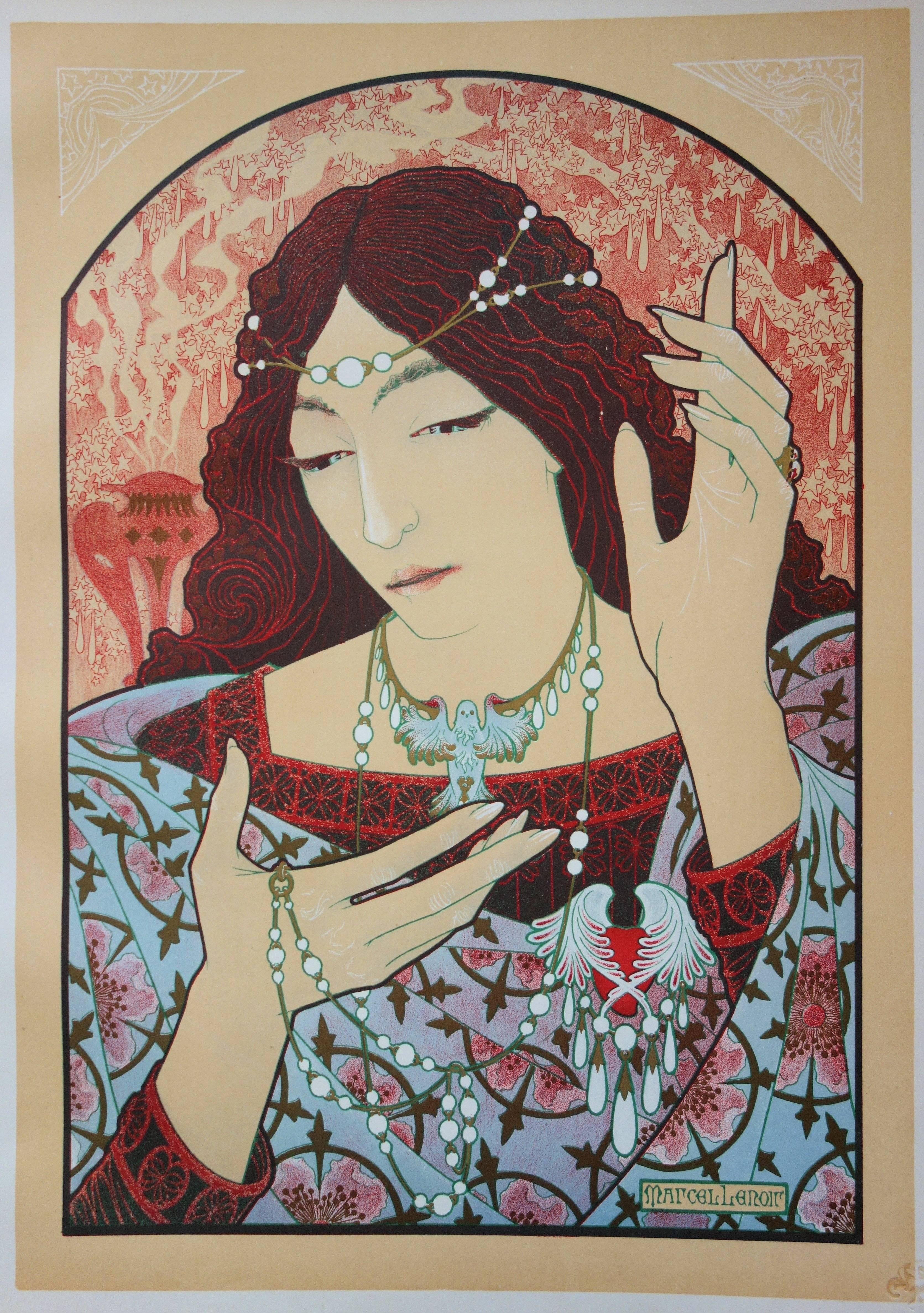 Art Nouveau Woman Praying - Original lithograph (1897/98) - Brown Portrait Print by Marcel - Lenoir