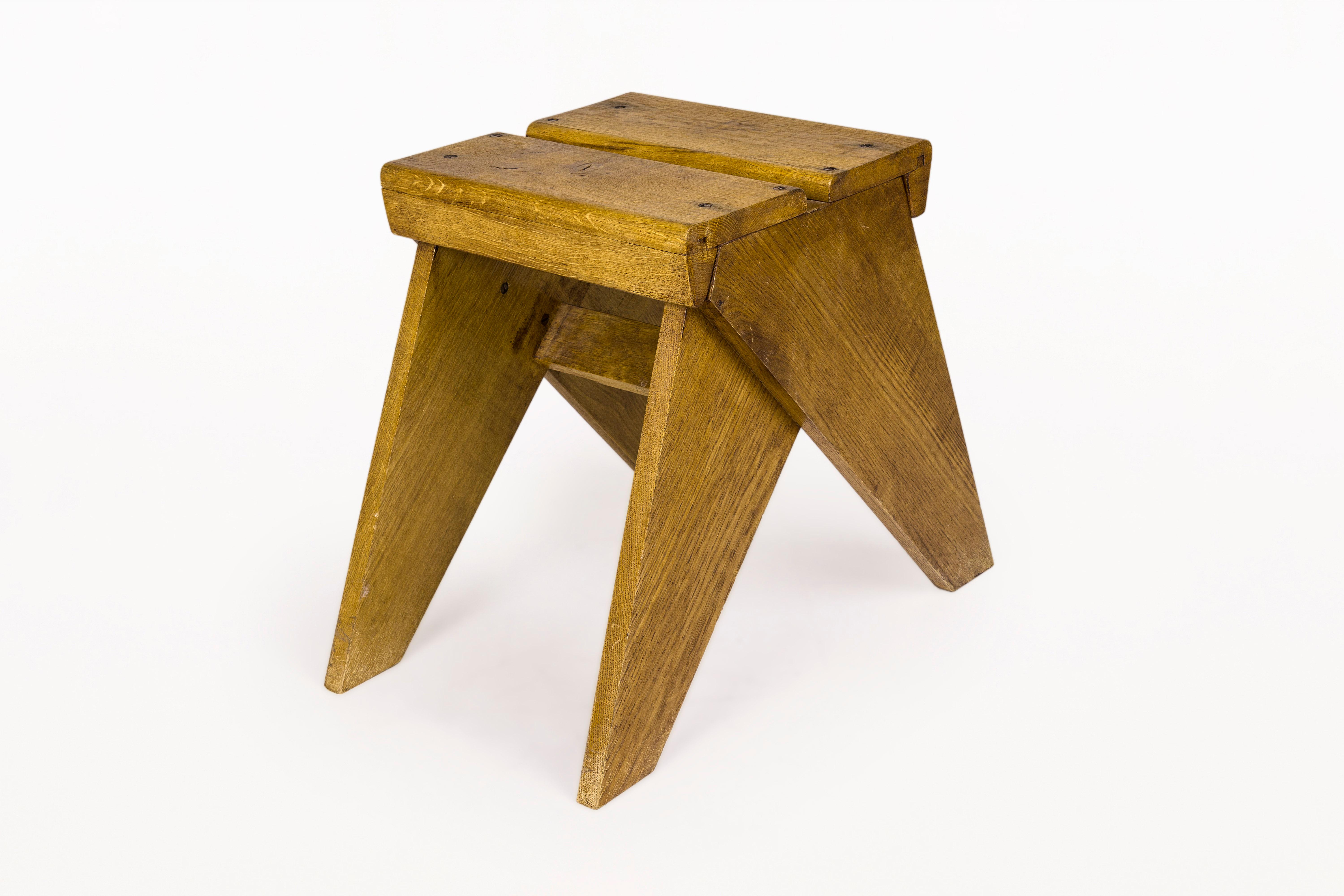 Mid-Century Modern Marcel Lods Wooden Stool, circa 1950, France