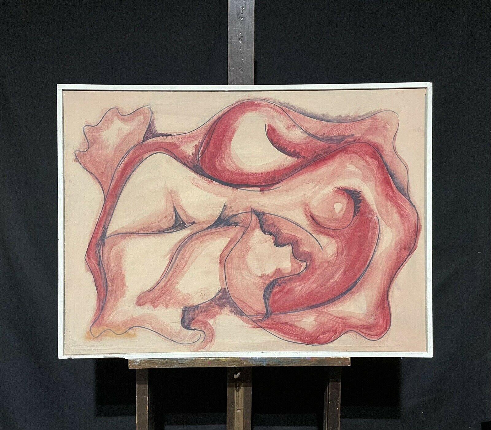 HUGE MID CENTURY FRENCH ABSTRACT PAINTING - NUDE FIGURE COMPOSITION IN PINK - Painting by Marcel Lucquet
