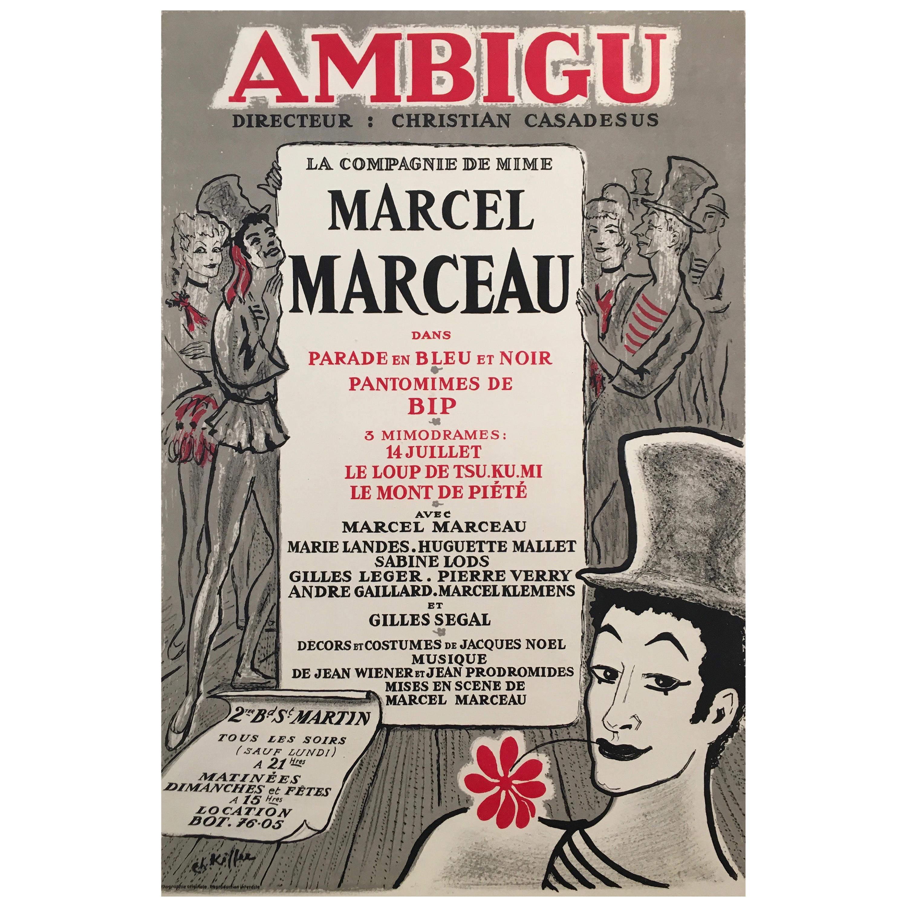 'Marcel Marceau' French Cabaret and Theatre Original Lithograph Poster, 1995 For Sale