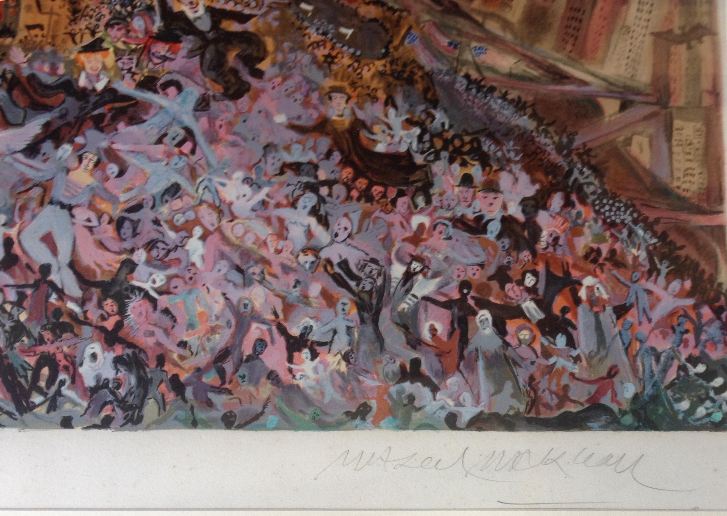 Cette œuvre d'art est une lithographie originale en couleurs sur papier Arches de l'artiste français Marcel (le Mime) Marceau, 1923-2007.   Sa signature est apposée au crayon en bas à droite, l'œuvre est numérotée. 

La gravure représente une foule