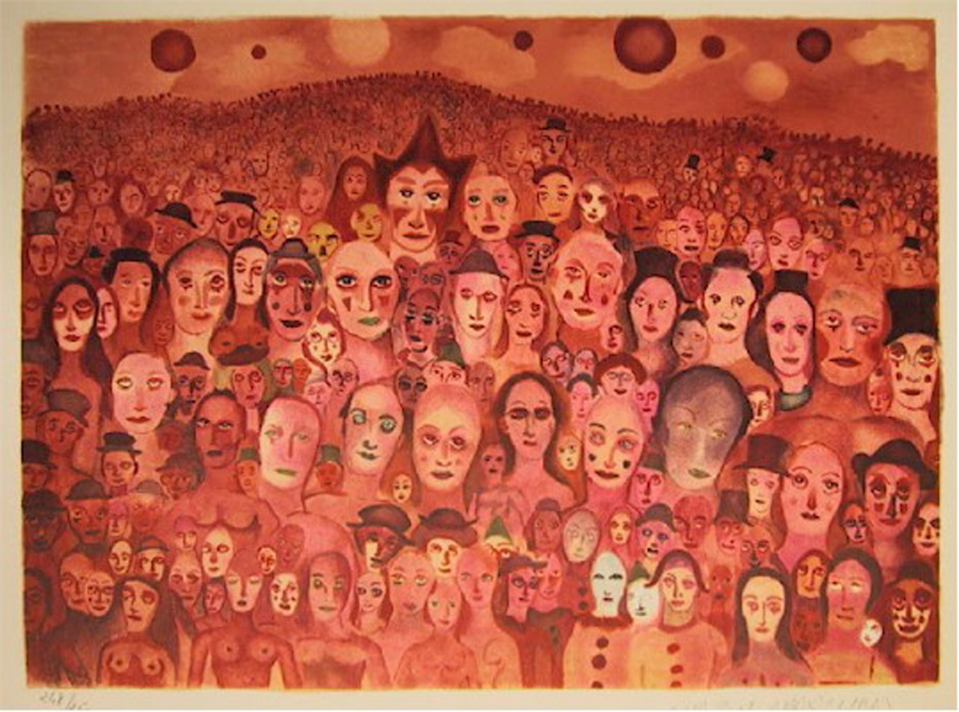 Marcel Marceau, francés (1923 - 2007) - Multitud de payasos, Portafolio:  Le Troisieme Oeil (El Tercer Ojo), Año:  1981, Medio:  Litografía sobre papel Arches, firmada y numerada a lápiz, Edición:  248/250, Tamaño:  54,61 x 76,2 cm (21,5 x 30 pulg.) 