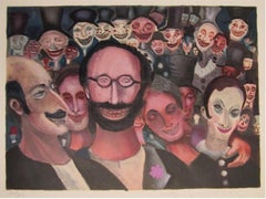 Vintage Gathering of Happy Clowns, Modern Art Lithograph by Marcel Marceau