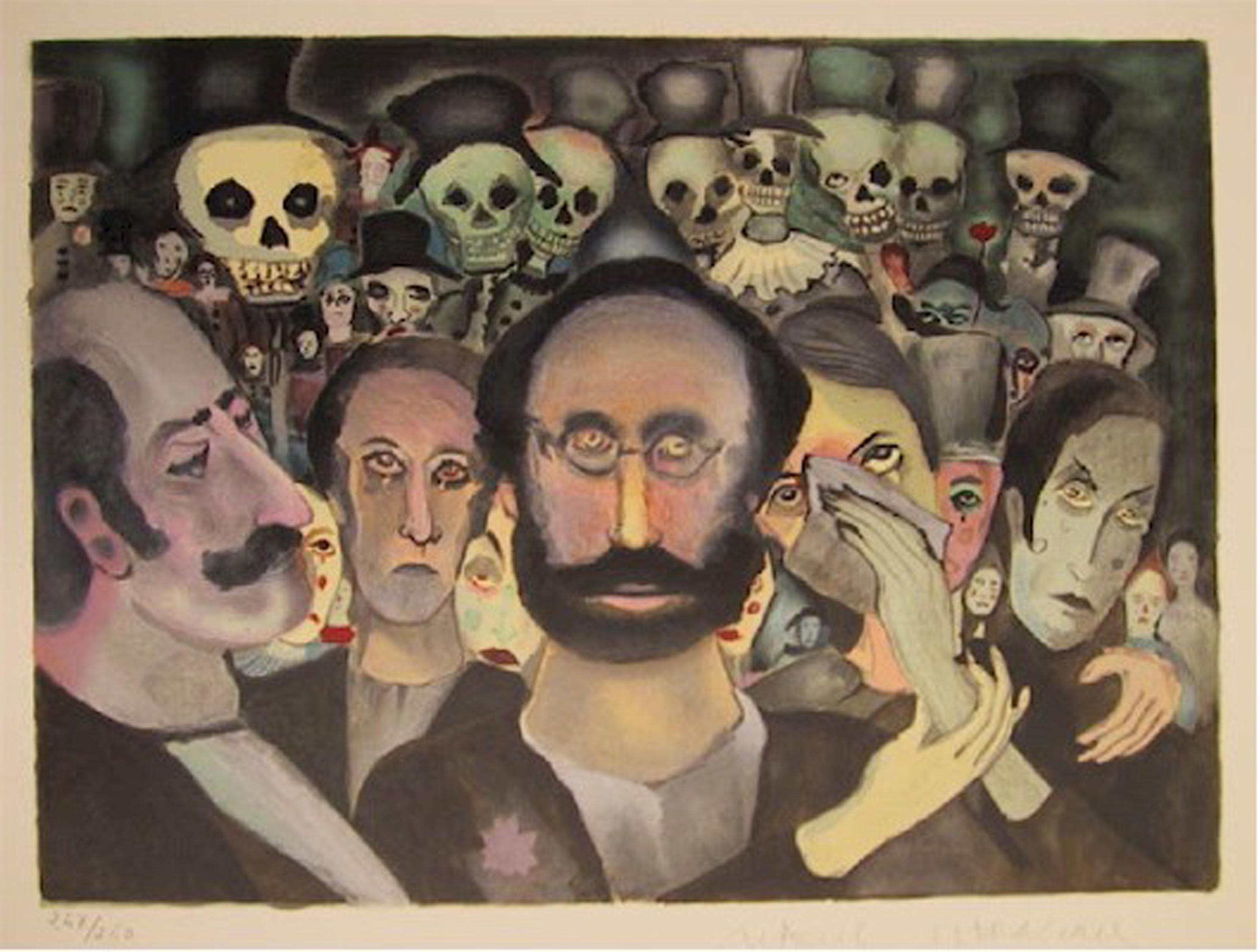 Marcel Marceau, francés (1923 - 2007) - Reunión de payasos tristes, Portafolio:  Le Troisieme Oeil (El Tercer Ojo), Año:  1981, Medio:  Litografía sobre papel Arches, firmada y numerada a lápiz, Edición:  248/250, Tamaño:  54,61 x 76,2 cm (21,5 x 30