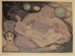 Verliebte Liebhaber schweben mit Marcel Marceau, surrealistische Lithographie von Marcel Marceau