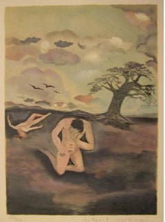 Nudi in paesaggio, litografia surrealista di Marcel Marceau