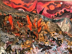 Marcel Marceau Signed Surrealist Color Lithograph, Apocalyptic Cityscape