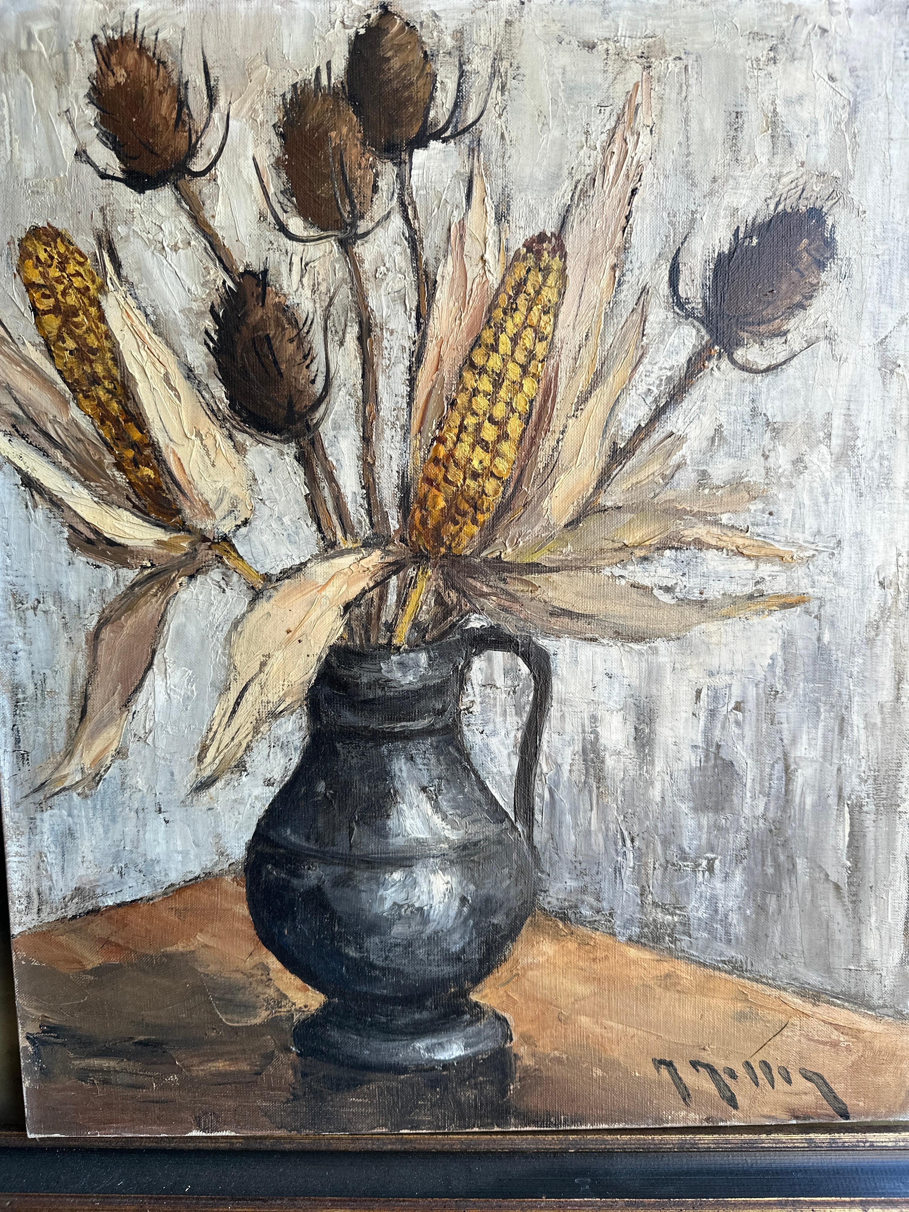 Mid Century French still life of dried flowers and corn in a vase - Painting by Marcel MASSON