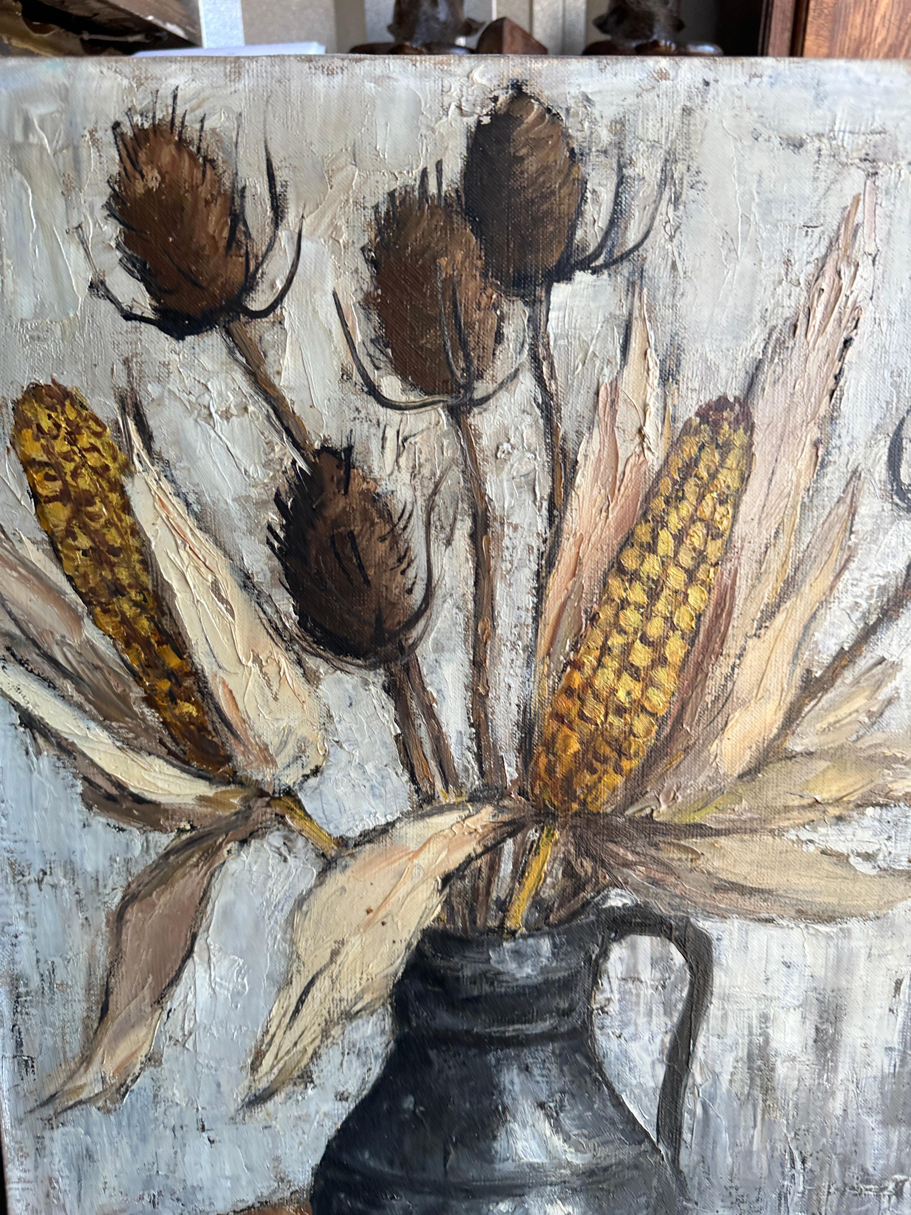 Mid Century French still life of dried flowers and corn in a vase - Impressionist Painting by Marcel MASSON