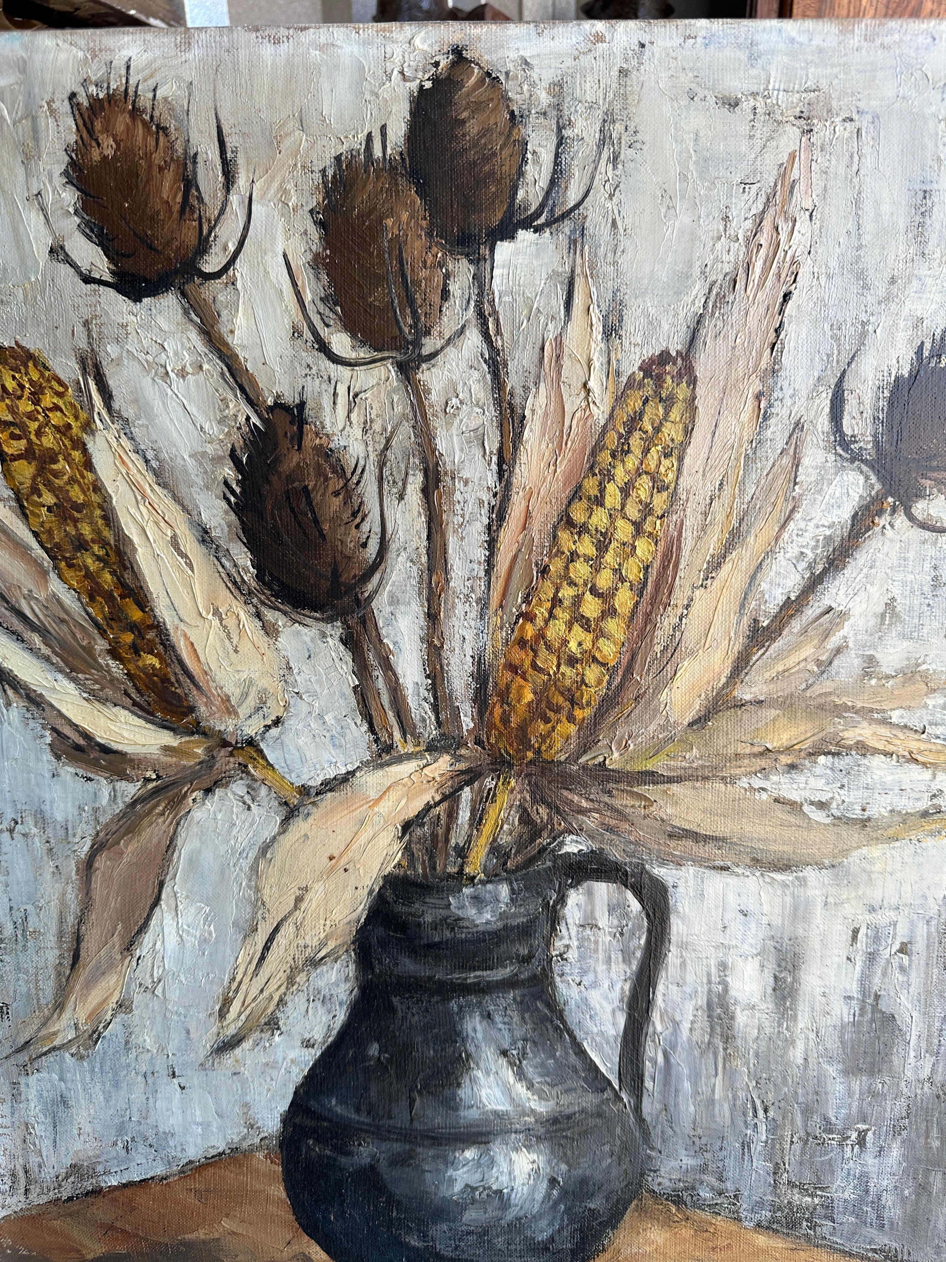 Mid Century French still life of dried flowers and corn in a vase - Gray Still-Life Painting by Marcel MASSON