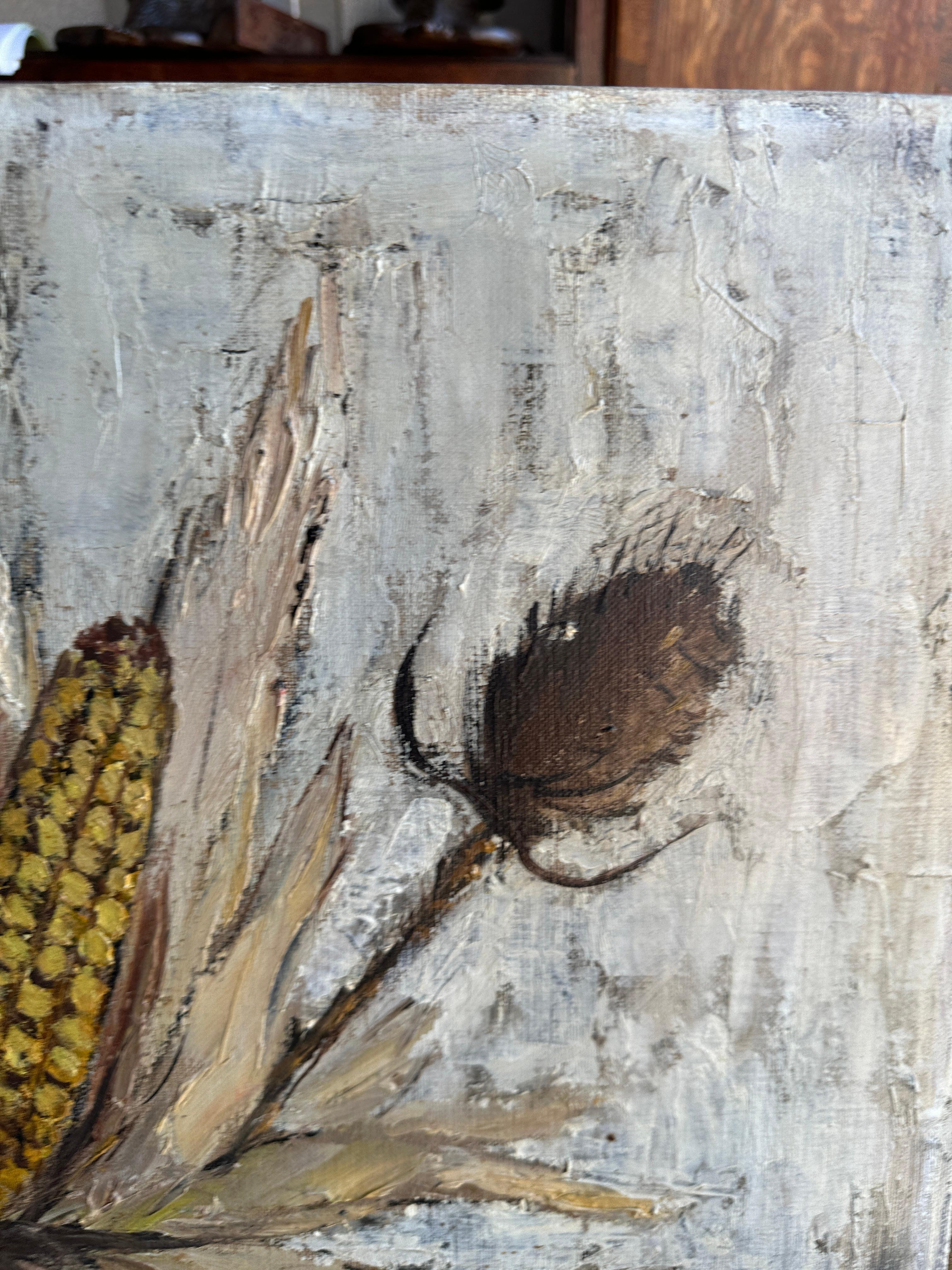 This French mid-century Impressionist still life by Marcel Masson is a compelling celebration of rustic elegance and artistic spontaneity. The composition, featuring flowers and dried corn arranged in a dark, graceful vase, captures the beauty of