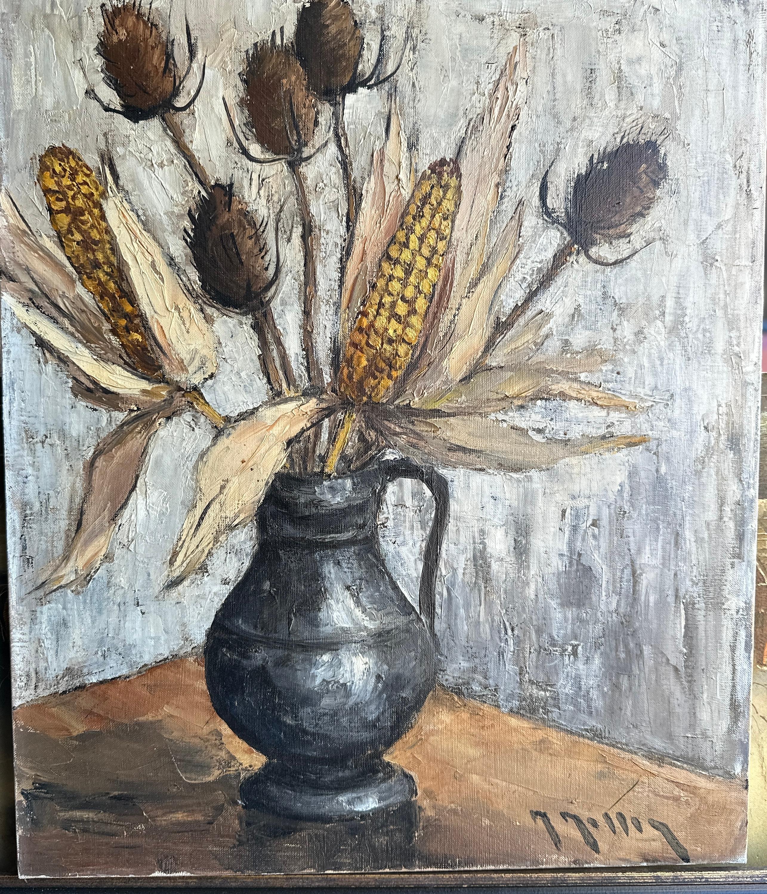 Marcel MASSON Still-Life Painting - Mid Century French still life of dried flowers and corn in a vase