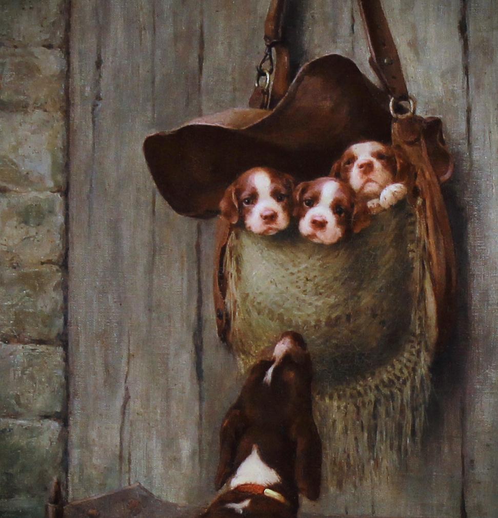 Hunting Dog and puppies , oil painting by Marcel Moisand French School 19th 1