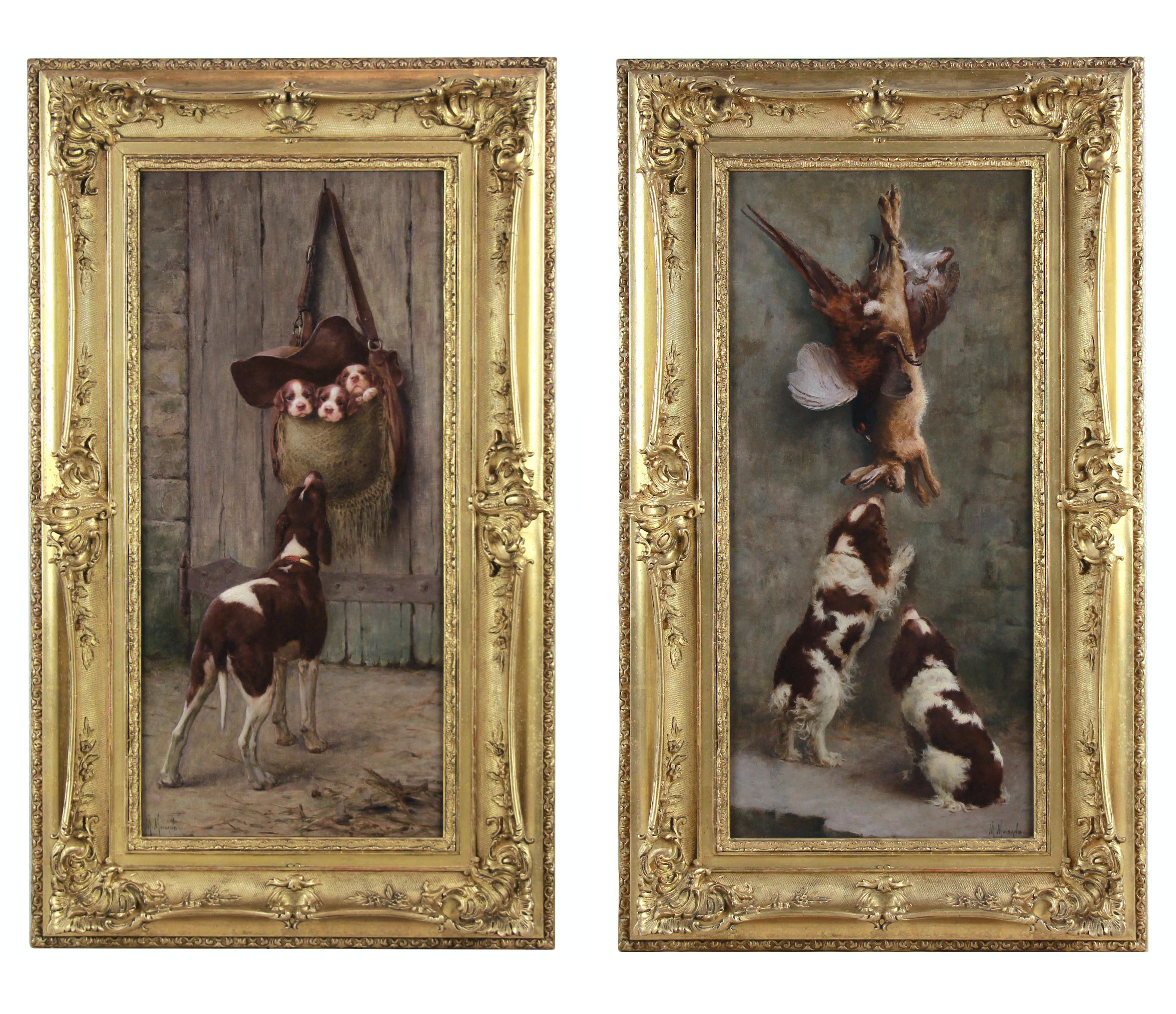 Hunting Dog and puppies , oil painting by Marcel Moisand French School 19th 5