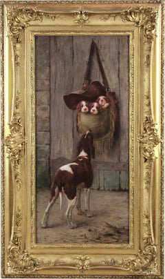 Hunting Dog and puppies , oil painting by Marcel Moisand French School 19th