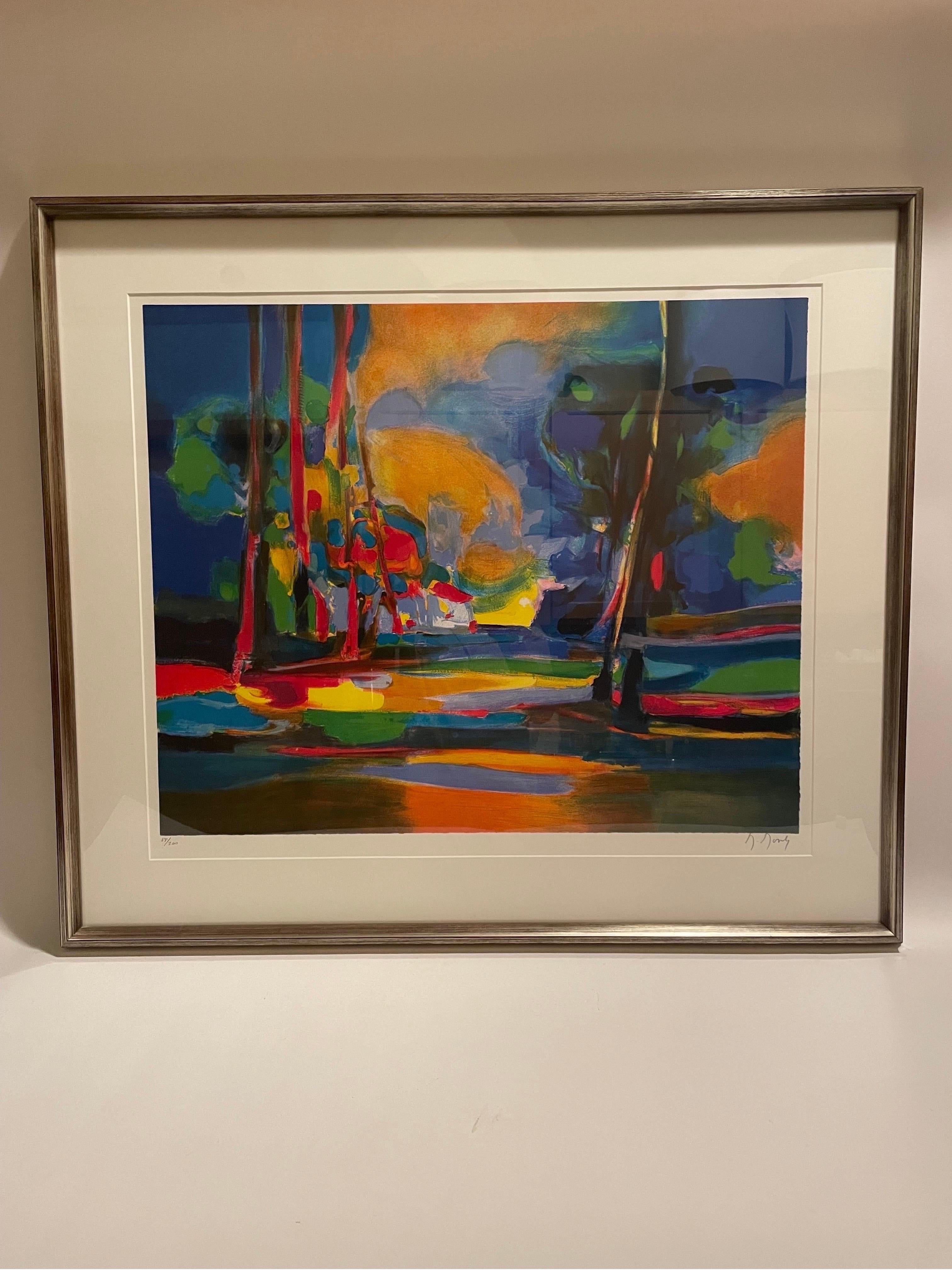 This is a wonderful colorful abstract lithograph 88/200 by French artist Marcel Mouly and signed on bottom right corner 