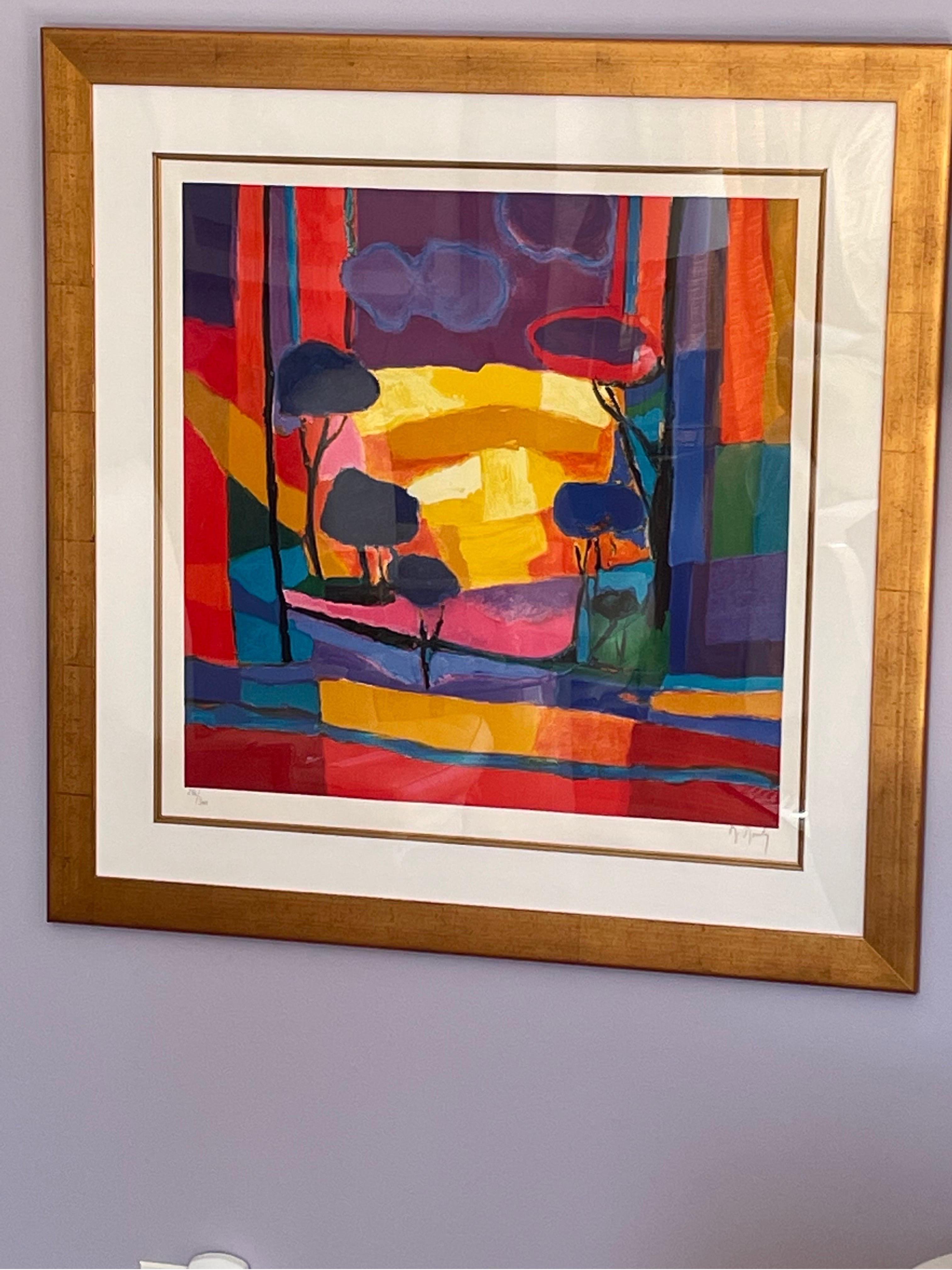 This is a large beautiful vibrant colored lithograph by the French artist Marcel Mouly in 2004 
Signed and numbered and certificate of authenticity on back.