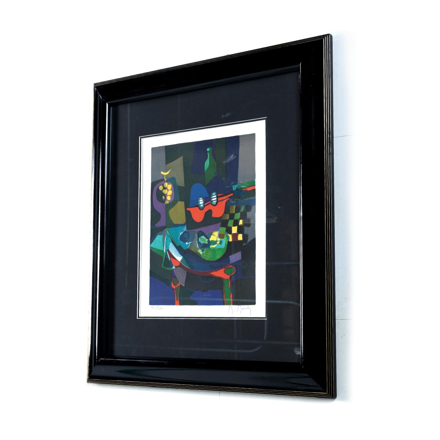 “La Guitare Bicolore” is a cubist limited edition print by prolific French Artist, Marcel Mouly. The image is pencil signed and numbered, 203/390. Marcel Mouly was born in 1918 and studied under celebrated modernist sculptor Jacques Lipchitz. It is