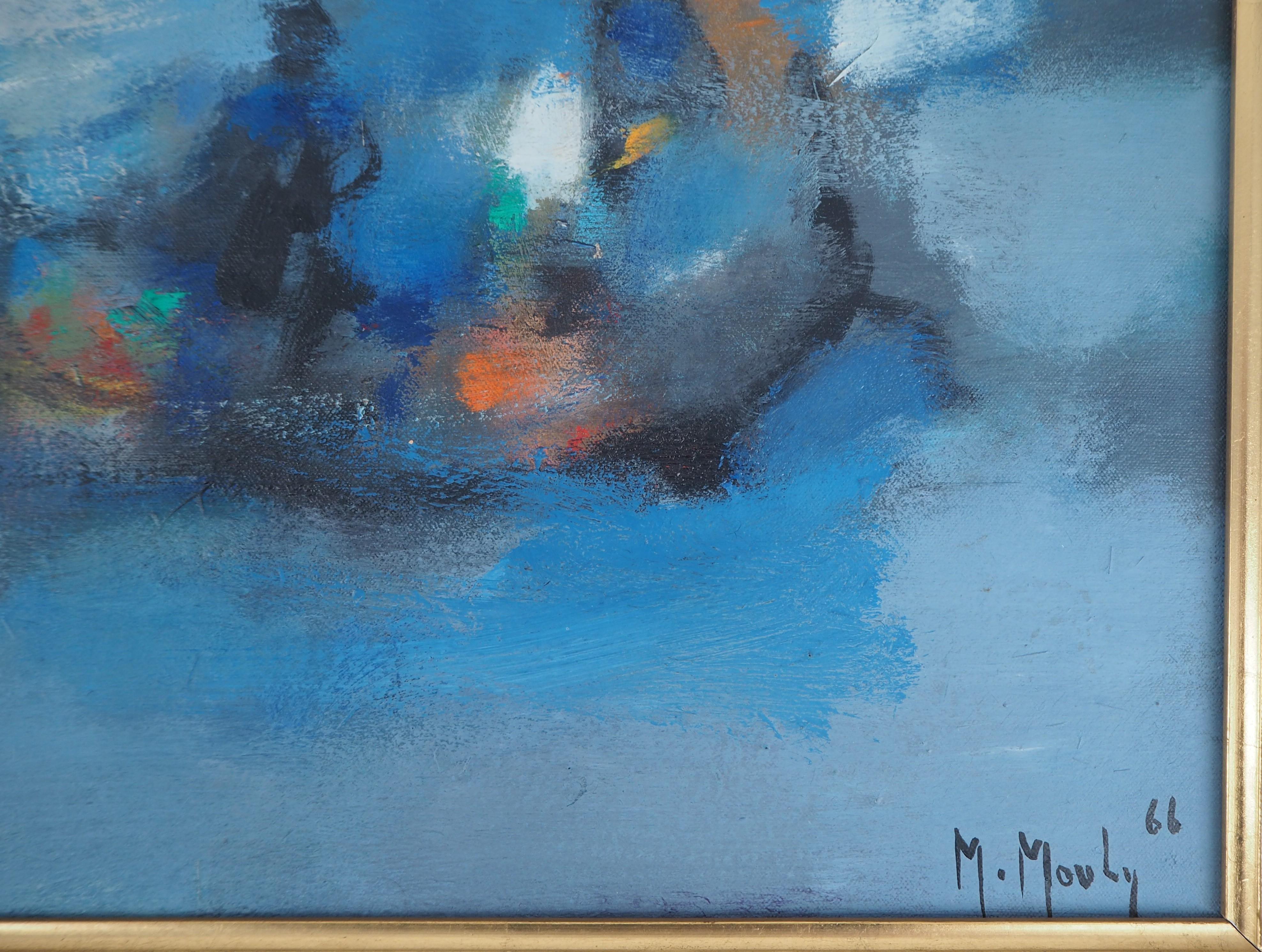 Boats : The Blue Sails - Original oil painting on canvas, Handsigned - Painting by Marcel Mouly
