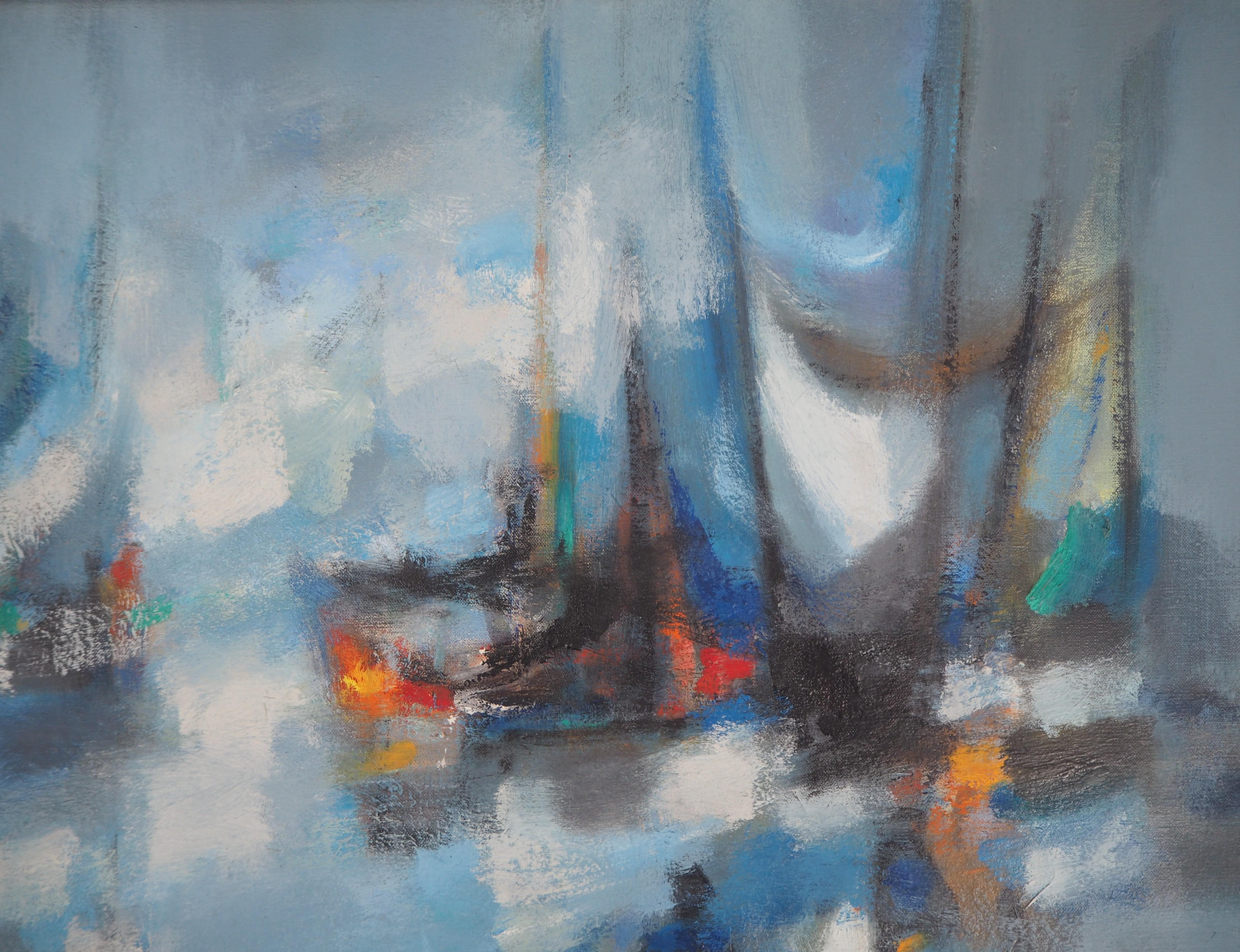 Boats : The Blue Sails - Original oil painting on canvas, Handsigned - Post-Impressionist Painting by Marcel Mouly