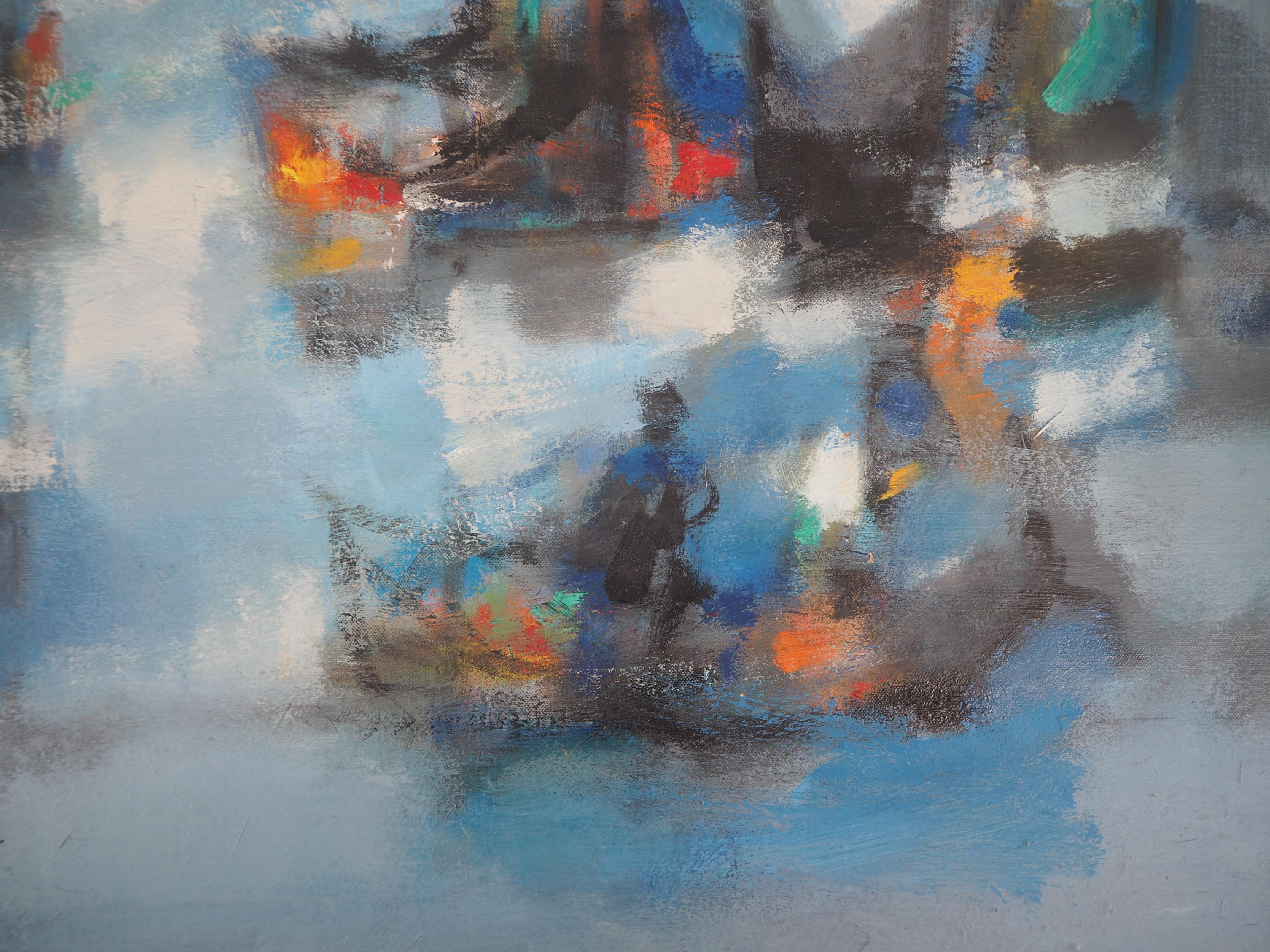 Boats : The Blue Sails - Original oil painting on canvas, Handsigned - Gray Landscape Painting by Marcel Mouly