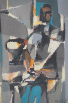 Hombre leyendo un periódico en la terraza de un café - Óleo original sobre lienzo, Firmado