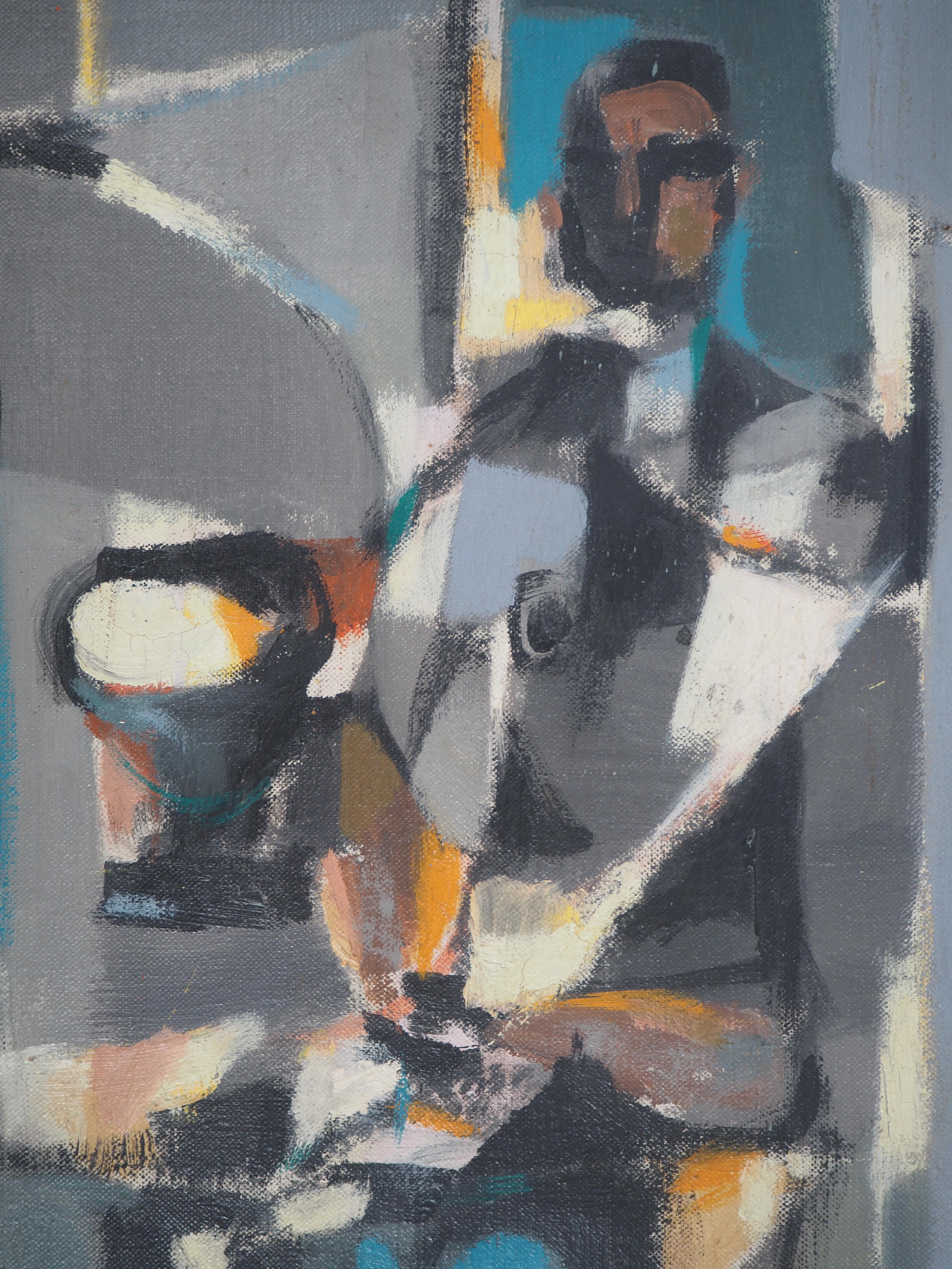 Man Reading a Newspaper on the Cafe Terrace - Original Oil on canvas, Signed - Modern Painting by Marcel Mouly