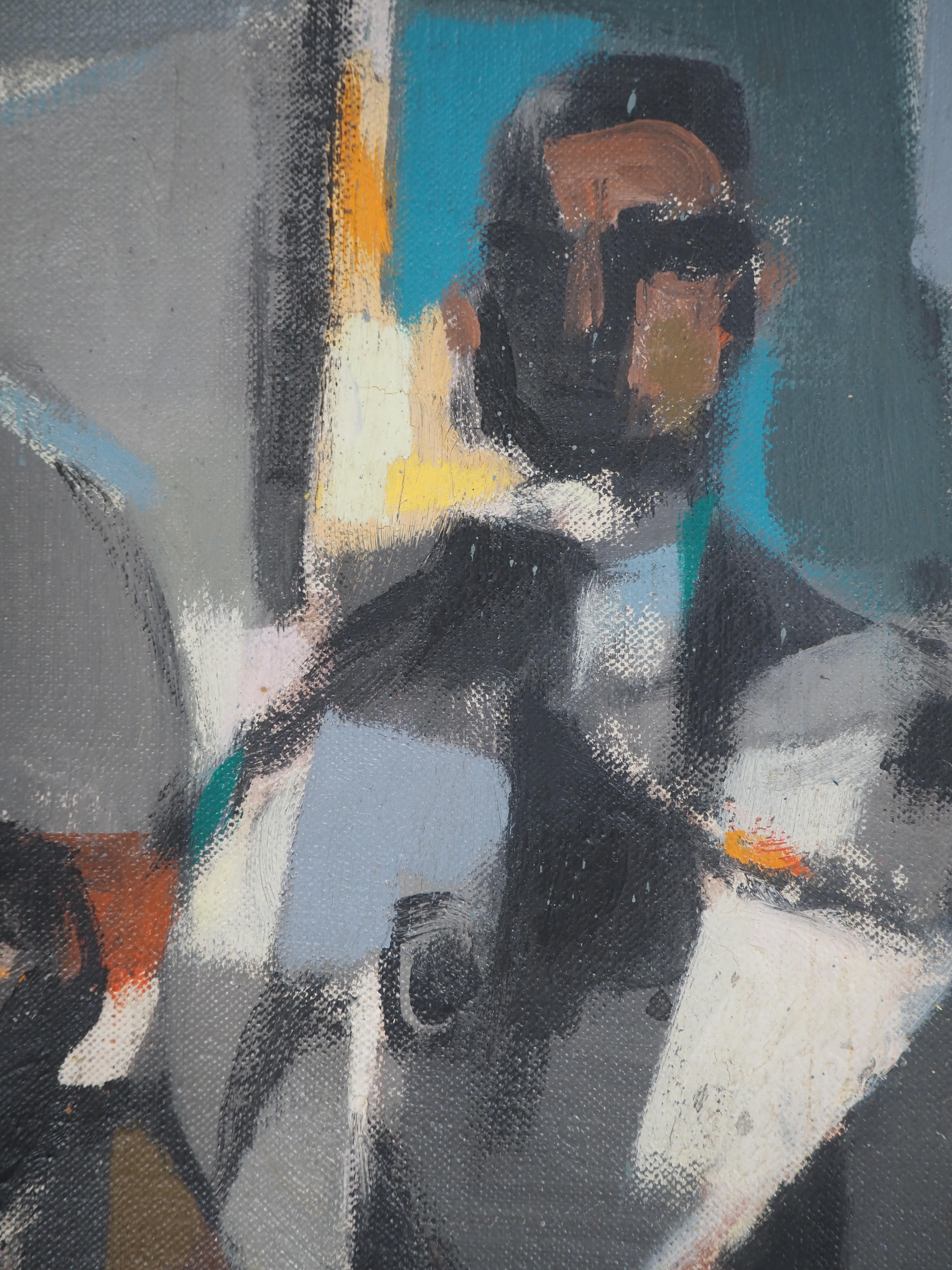 Man Reading a Newspaper on the Cafe Terrace - Original Oil on canvas, Signed - Gray Portrait Painting by Marcel Mouly