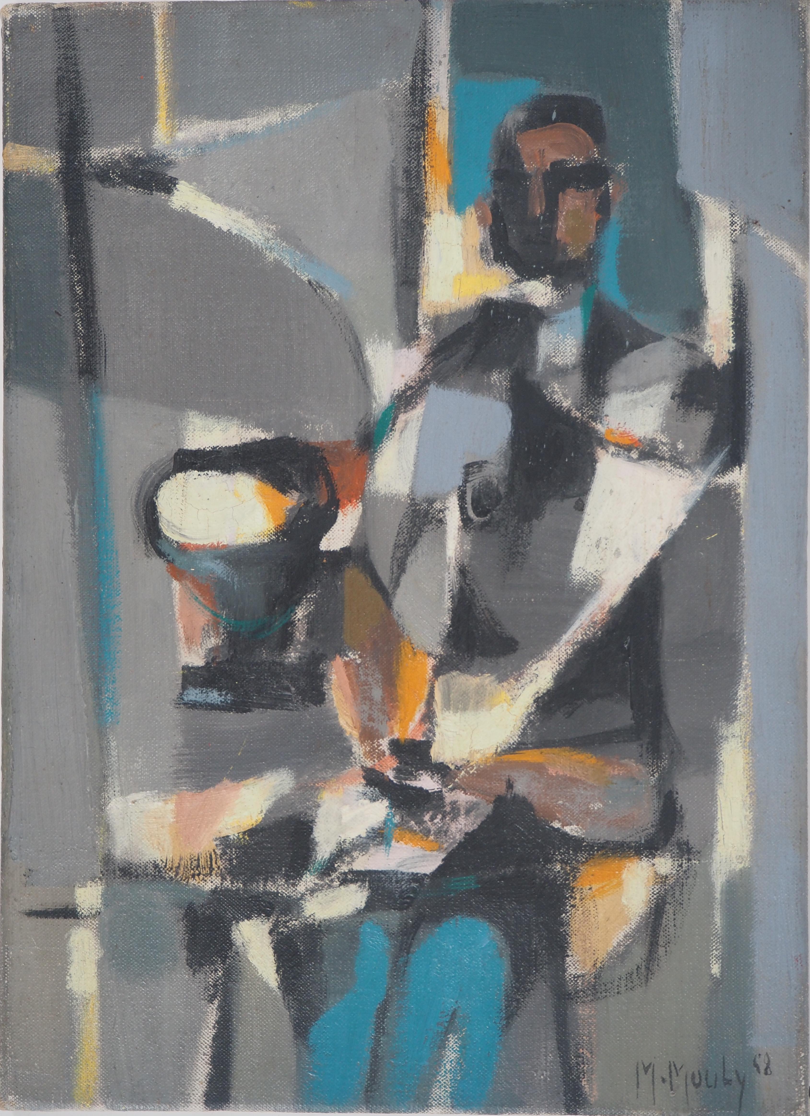 Marcel Mouly Portrait Painting - Man Reading a Newspaper on the Cafe Terrace - Original Oil on canvas, Signed