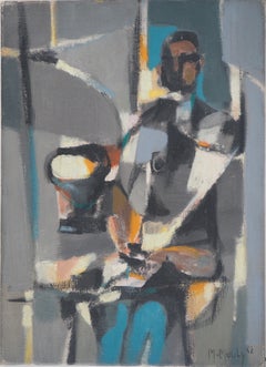 Man Reading a Newspaper on the Cafe Terrace - Original Oil on canvas, Signed