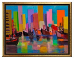 Marcel Mouly, Harbor Painting Acrylic On Canvas 