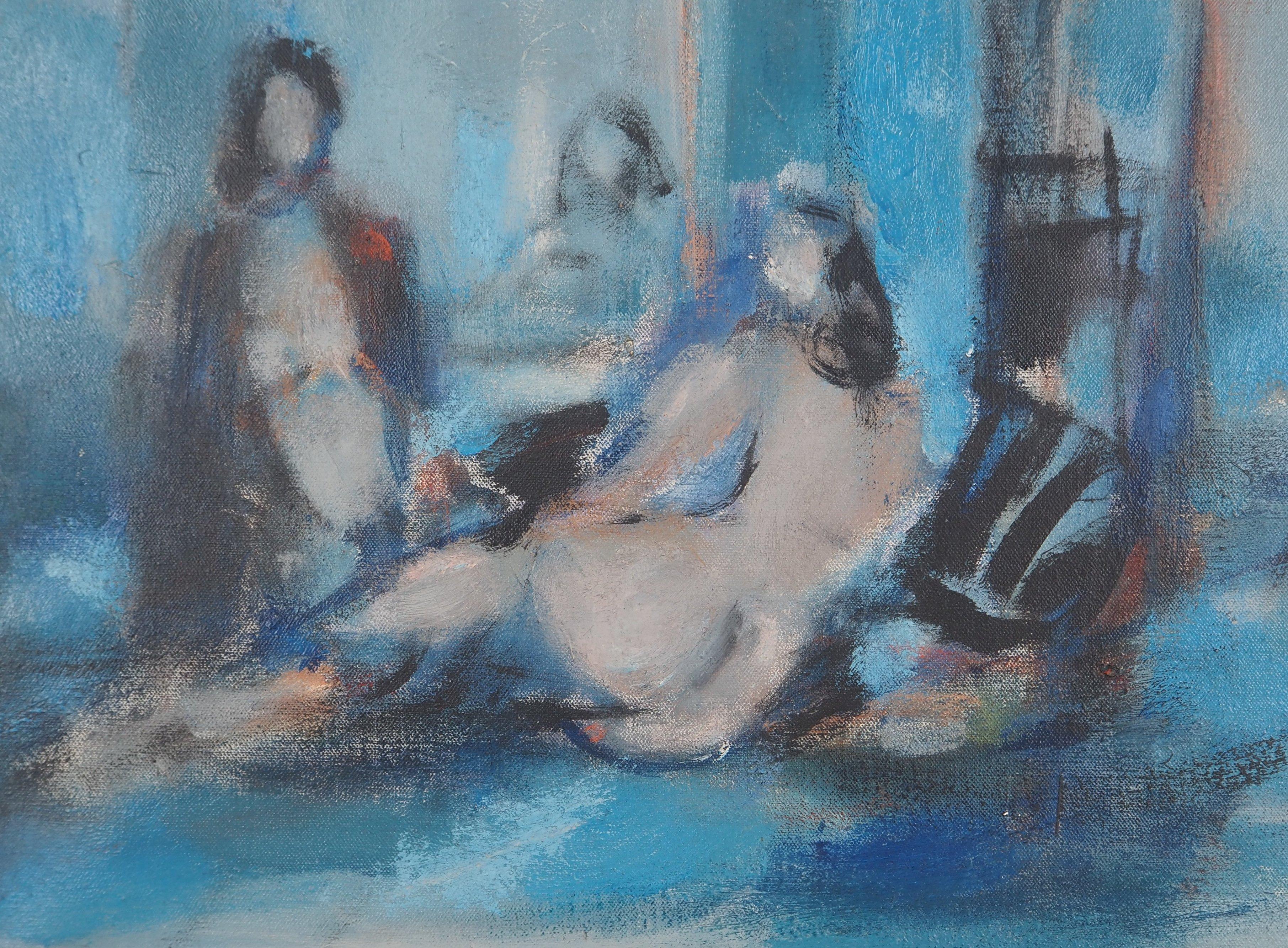 Models in a Blue Room - Original Oil on canvas, Signed - Painting by Marcel Mouly