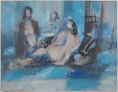Models in a Blue Room - Original Oil on canvas, Signed