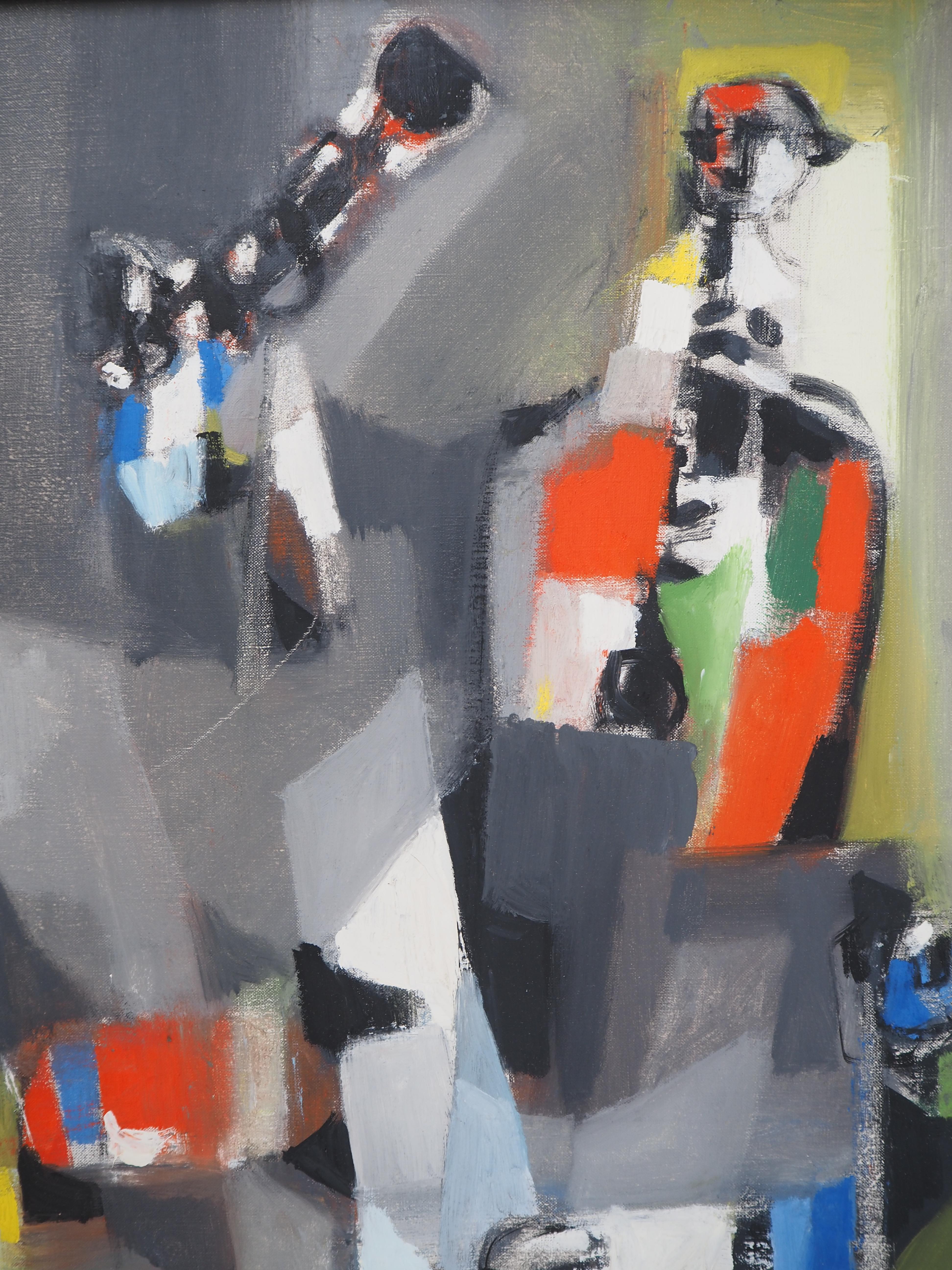 Marcel Mouly (1918 - 2008)
New Orleans : Quartetto Jazz, c. 1955

Pittura ad olio originale su tela
Firmato in basso a sinistra
Titolo sul retro
Su tela 81 x 65 cm (c. 32 x 26 pollici)
Presentato in una cornice di legno dorato 87 x 71 cm (c. 35 x 28
