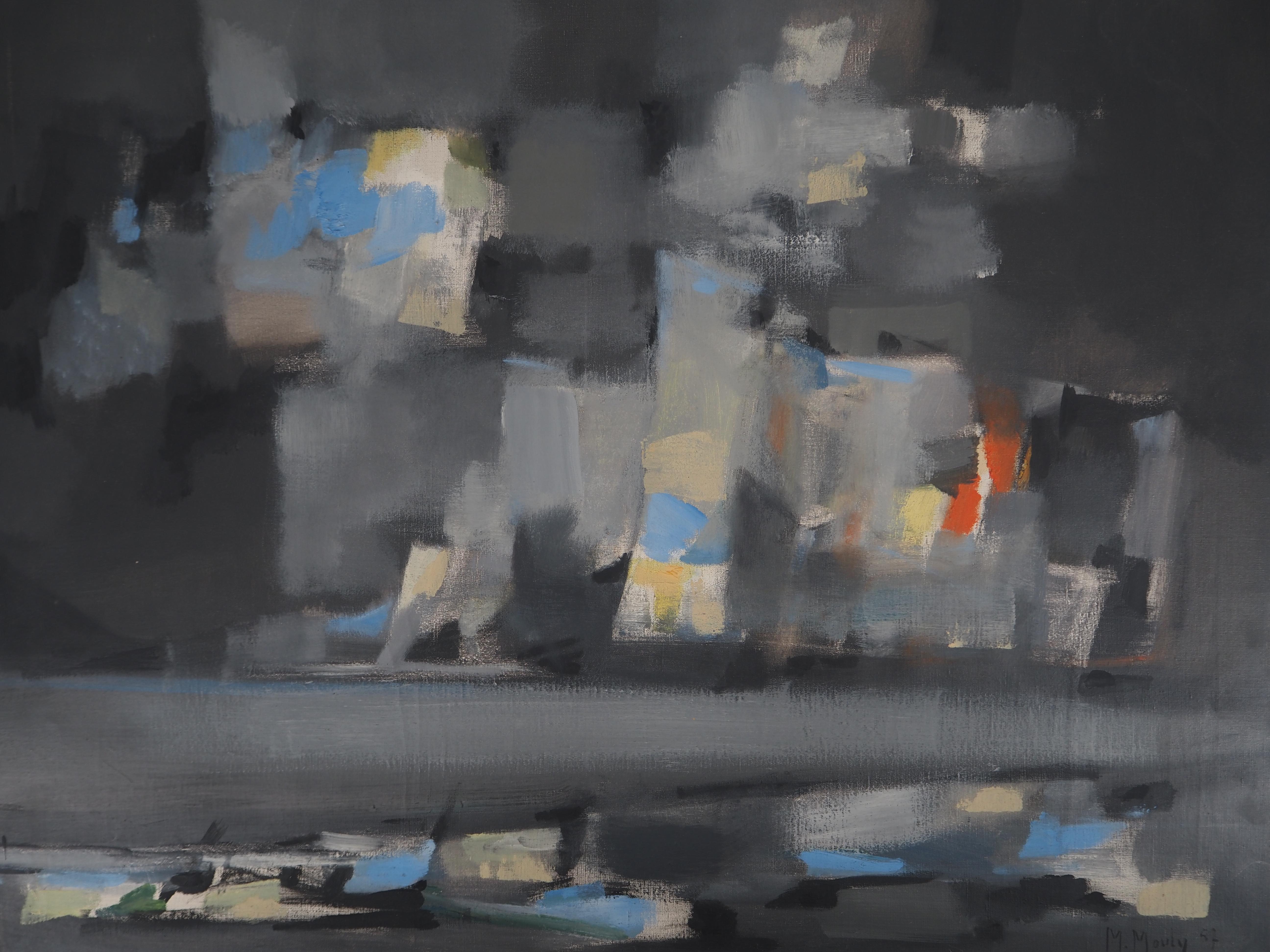 Paesaggio marino: la tempesta è in arrivo - Olio originale su tela, firmato - Landscape Painting Grigio di Marcel Mouly