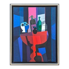 "Siphon Noir" Natura morta astratta moderna di ispirazione cubista in blu, rosso e rosa