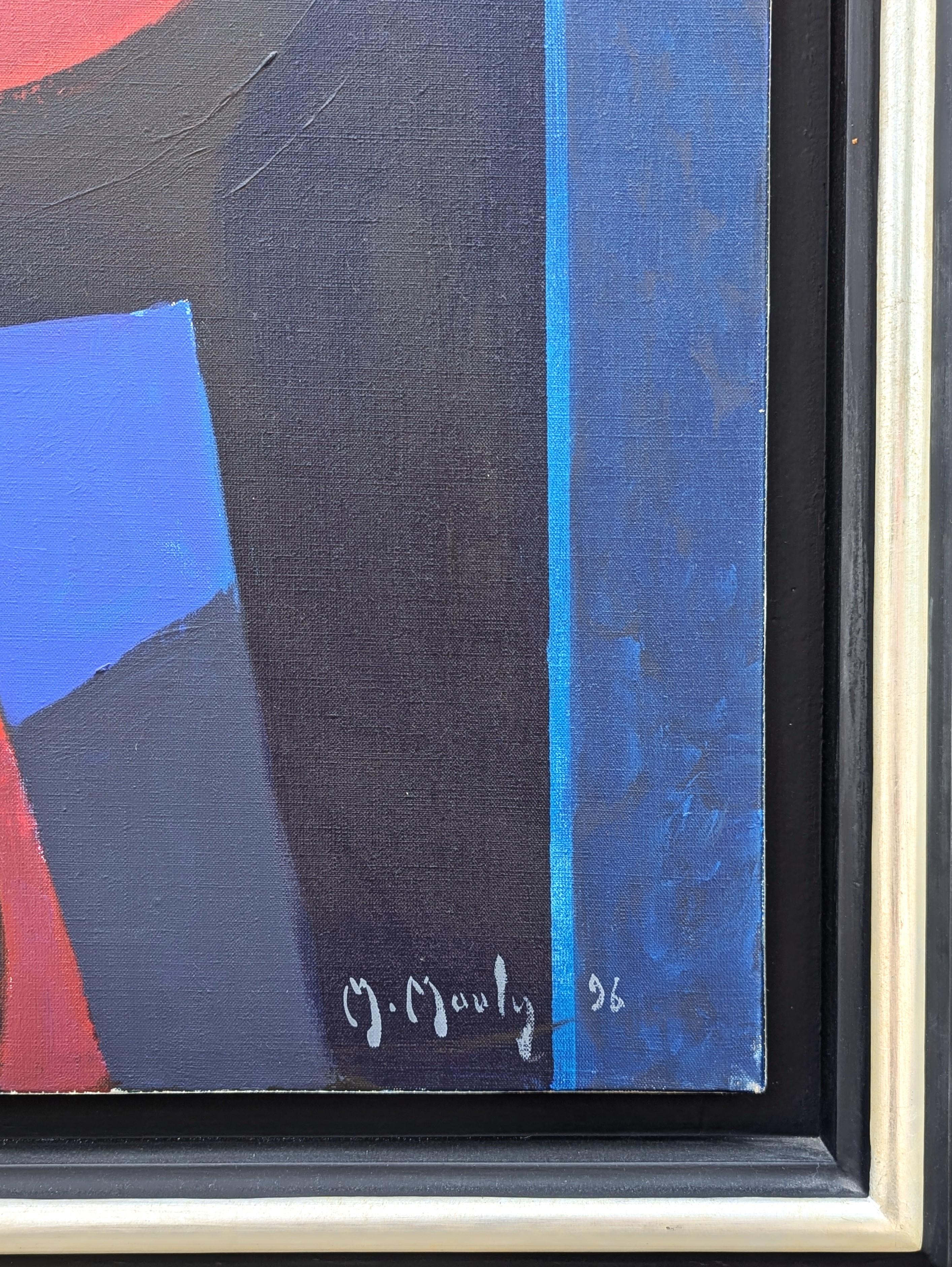 Natura morta astratta e colorata di ispirazione cubista moderna dell'artista francese Marcel Mouly. L'opera presenta una collezione di bottiglie e vasi disposti su un tavolo rosso su uno sfondo astratto blu e rosa. Firmato e datato nell'angolo