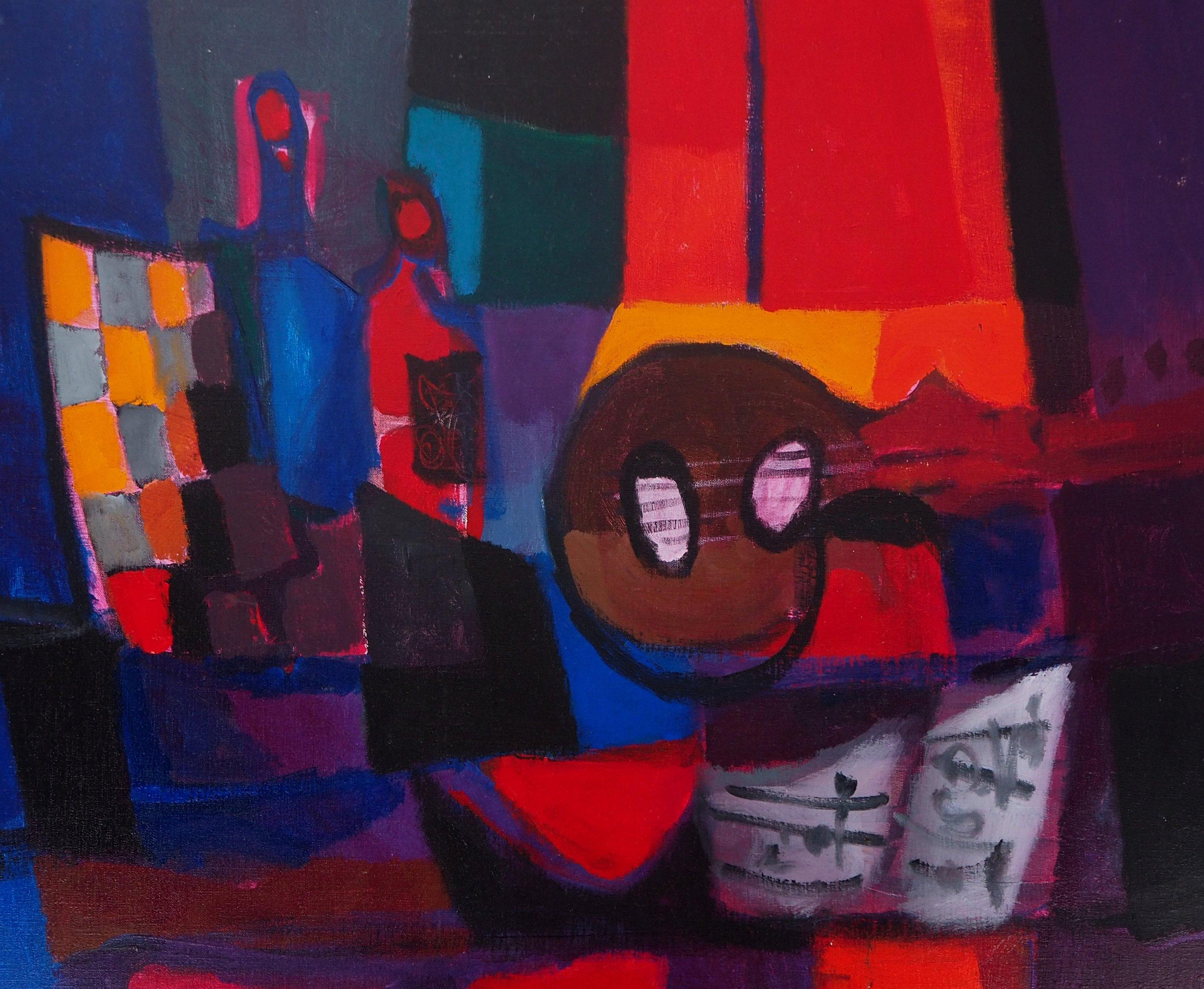 Still Life : Guitar and Bottles - Original oil painting on canvas, Handsigned - Post-Impressionist Painting by Marcel Mouly