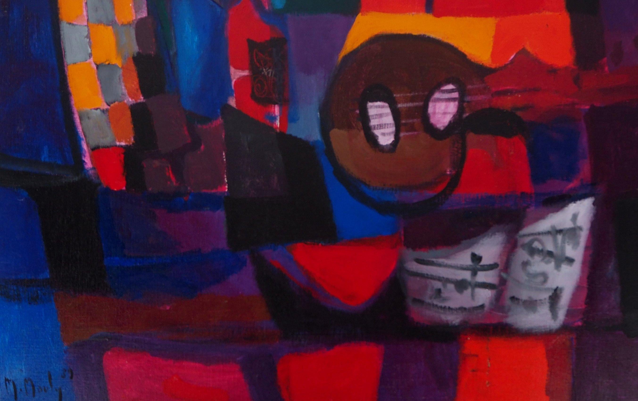 Still Life : Guitar and Bottles - Original oil painting on canvas, Handsigned 1
